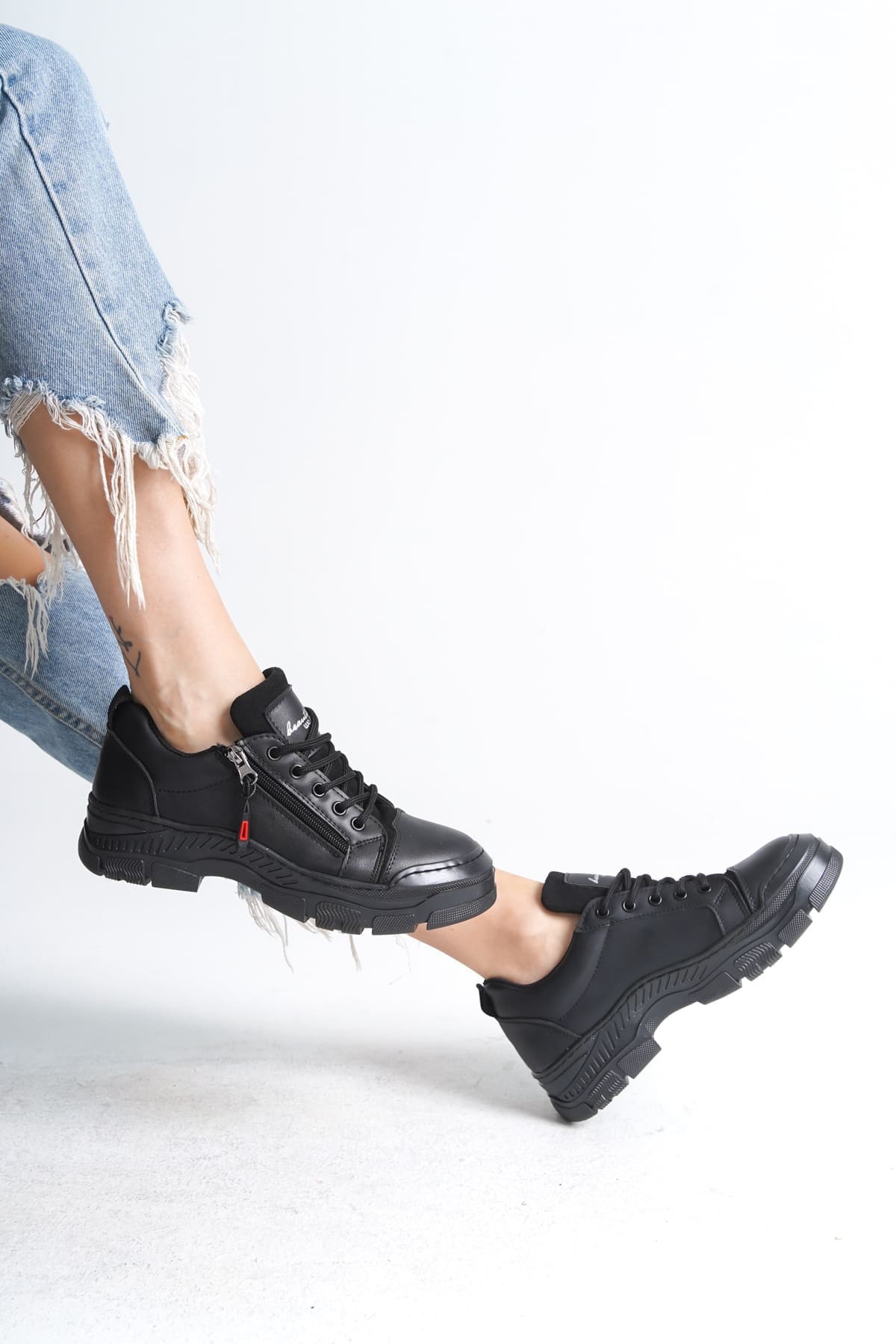 AGATHA Bağcıklı Fermuarlı Ortopedik Taban Kadın Sneaker Spor Ayakkabı ST - Siyah