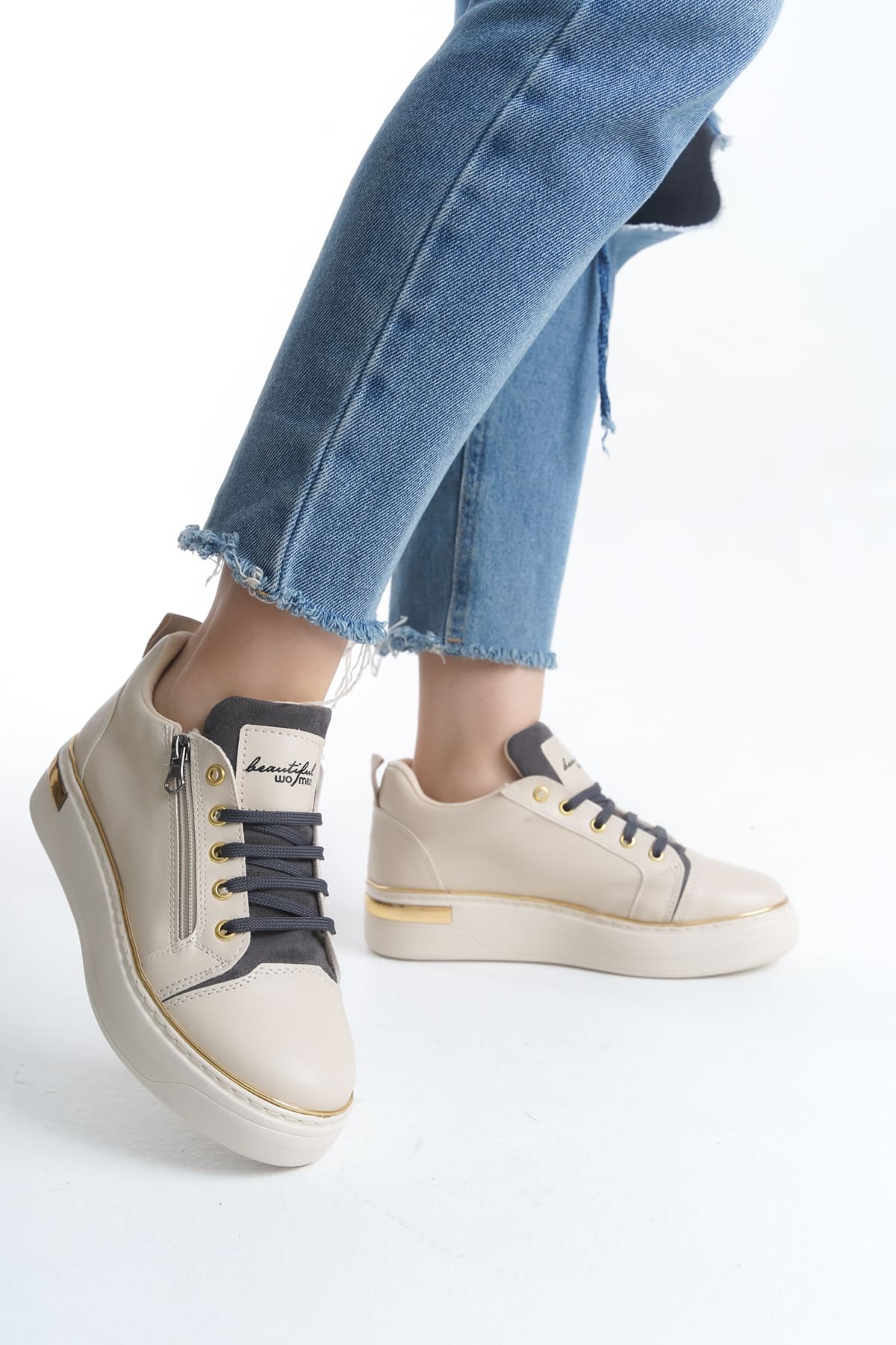 DINA Bağcıklı Fermuarlı Ortopedik Taban Kadın Sneaker Spor Ayakkabı KT - Krem/Gri/Altın