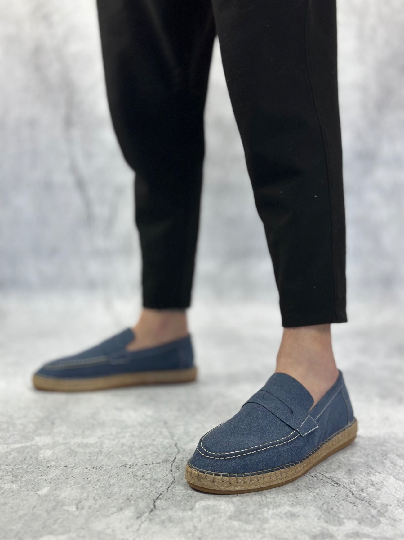 BA0359 Doğal Deri Tozu Bağcıksız Kauçuk El Yapımı Espadril Taban Mavi Renk Erkek Ayakkabı