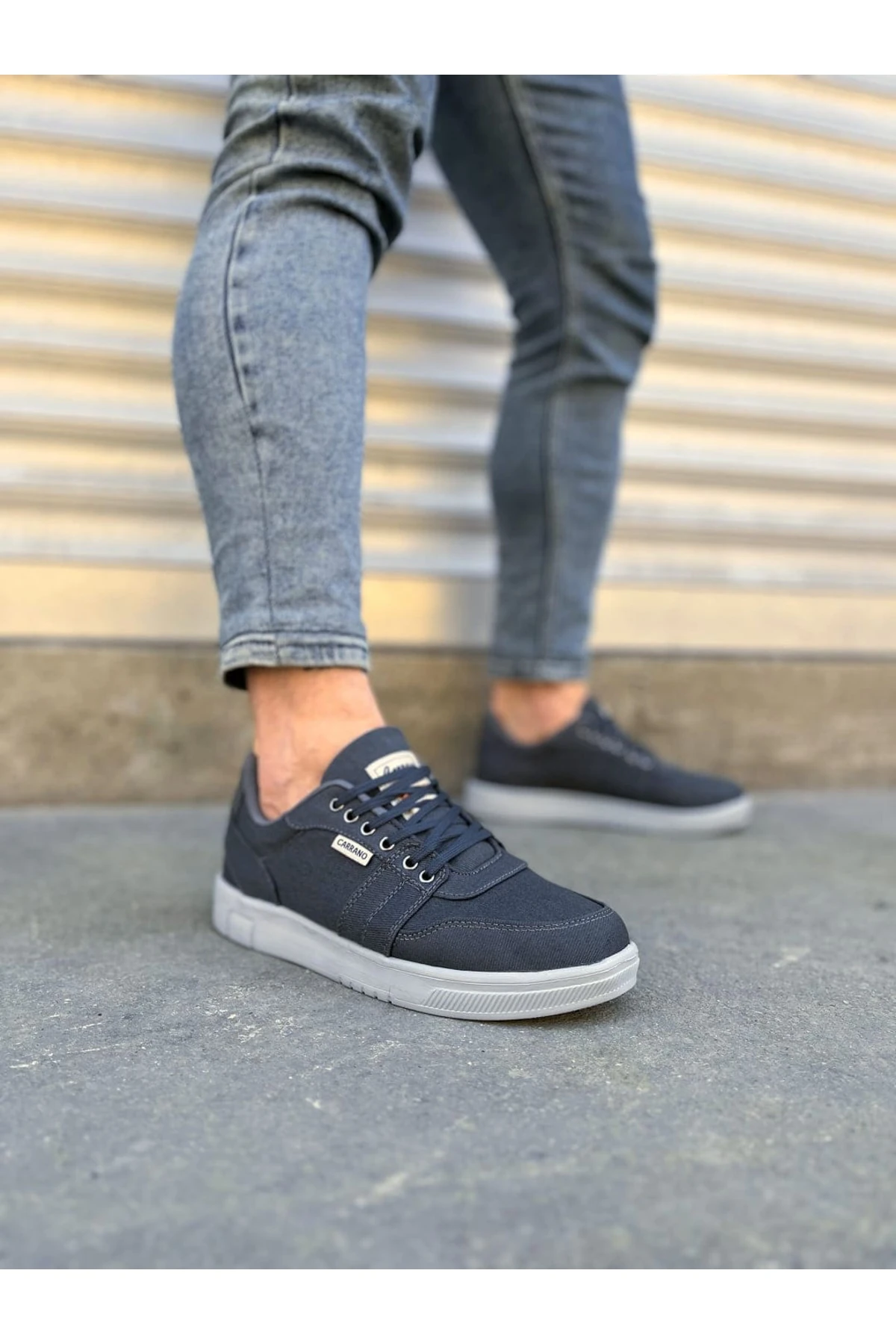 JY0118 REX Bağcıklı Keten Kumaş Erkek Günlük Sneaker Ayakkabı KBT - Lacivert - Füme