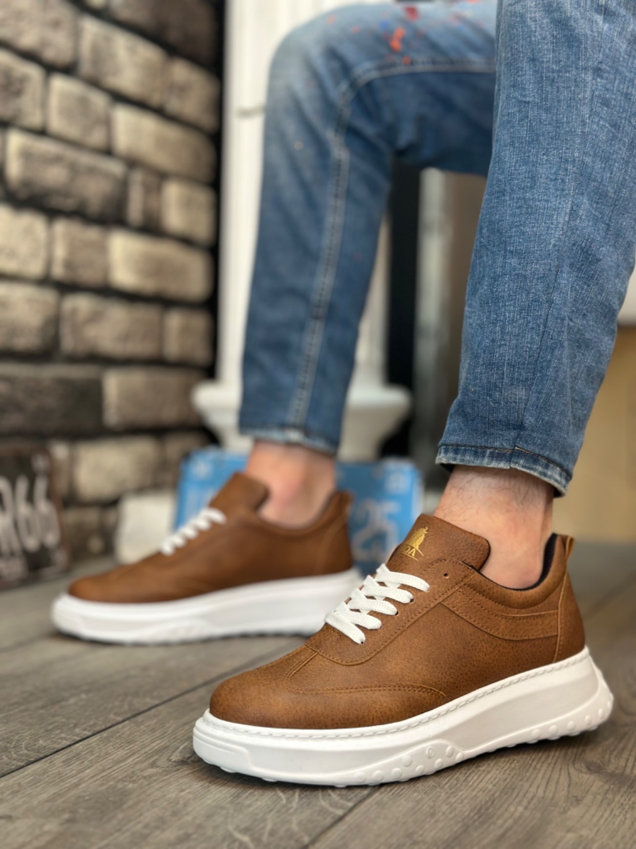 BA0327 Taba Beyaz Kalın Yüksek Taban Bağcıklı Spor Erkek Ayakkabı