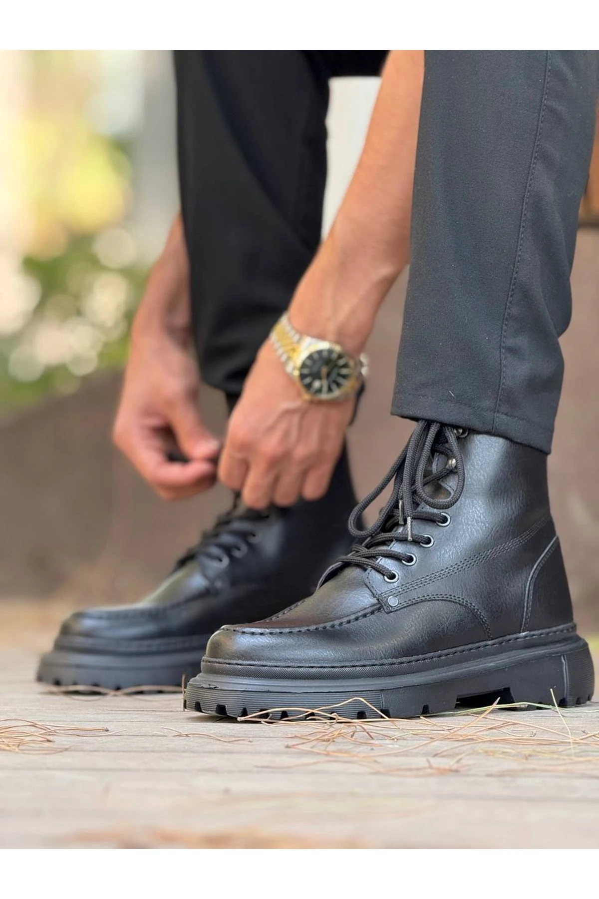 YG2529 Erkek Günlük Spor Bağcıklı Cilt Bot Siyah - CST