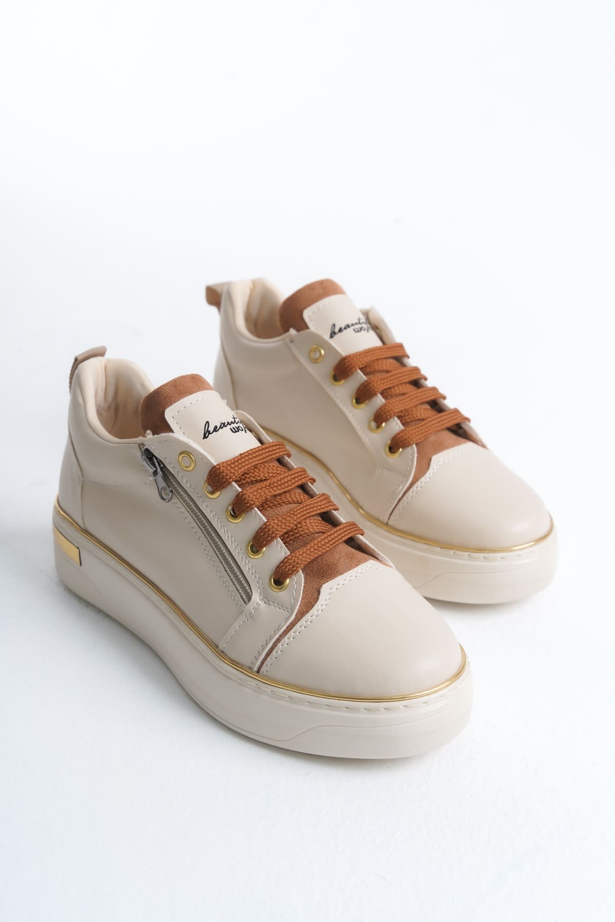 DINA Bağcıklı Fermuarlı Ortopedik Taban Kadın Sneaker Spor Ayakkabı KT - Krem/Taba/Altın