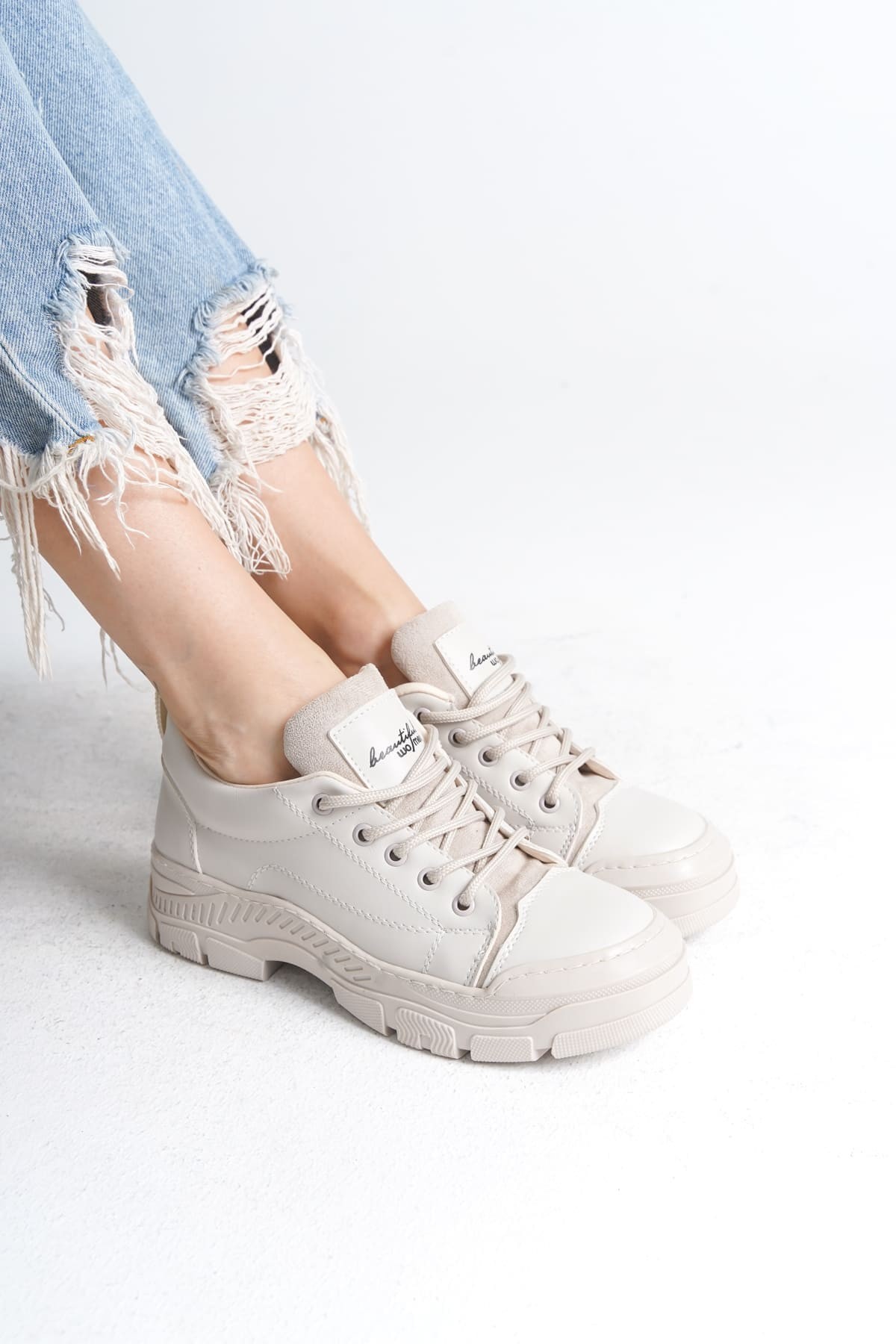 JANE Bağcıklı Ortopedik Taban Kadın Sneaker Spor Ayakkabı KT - Krem