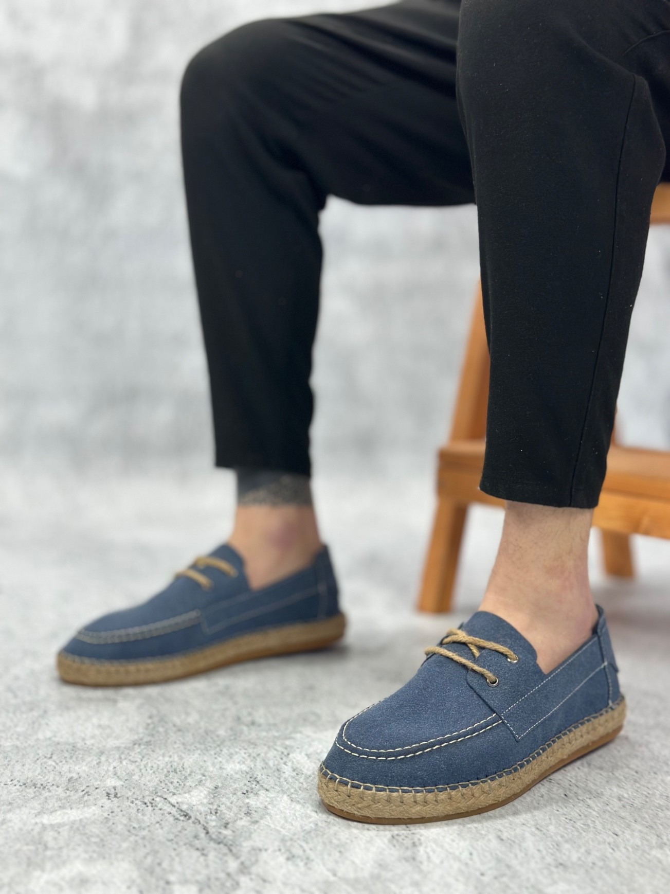 BA0358 Doğal Deri Tozu Bağcıklı Kauçuk El Yapımı Espadril Taban Mavi Renk Erkek Ayakkabı