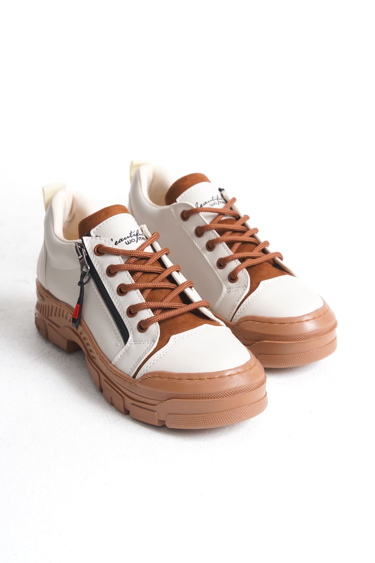 AGATHA Bağcıklı Fermuarlı Ortopedik Taban Kadın Sneaker Spor Ayakkabı  TT - Krem