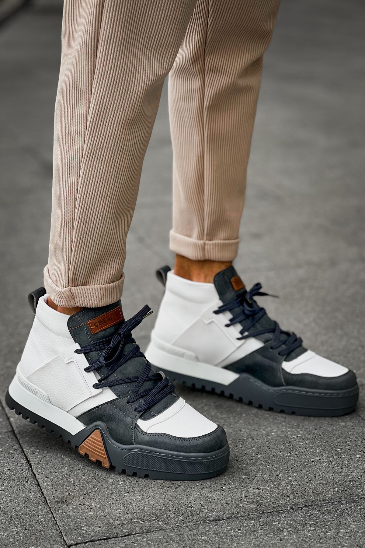 YG057 Ghost Line Erkek Spor Günlük Bağcıklı Cilt Bot CABT - Antrasit/Beyaz - antrasit-beyaz-cilt-cabt