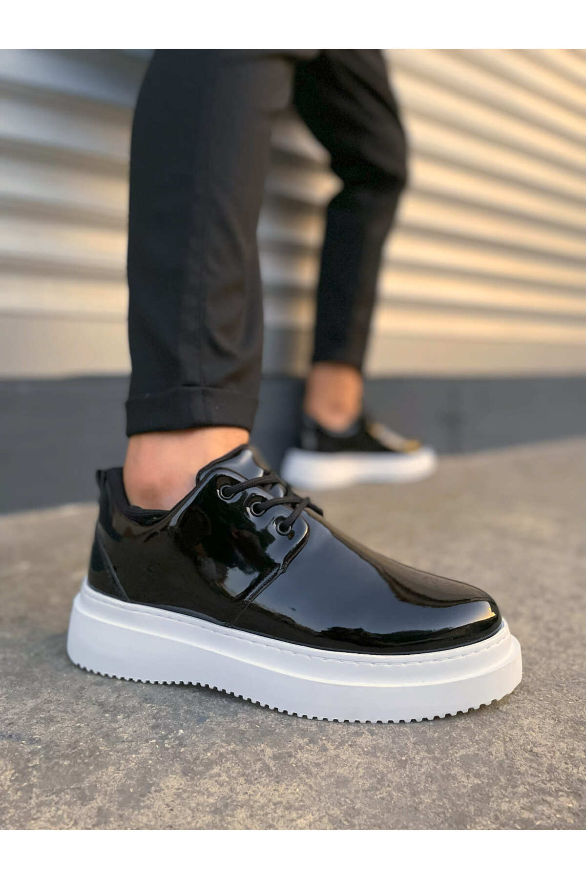 JY03 Luxor Bağcıklı Cilt Erkek Günlük Spor Klasik Ayakkabı CBT - Beyaz - siyah-rugan-rbt