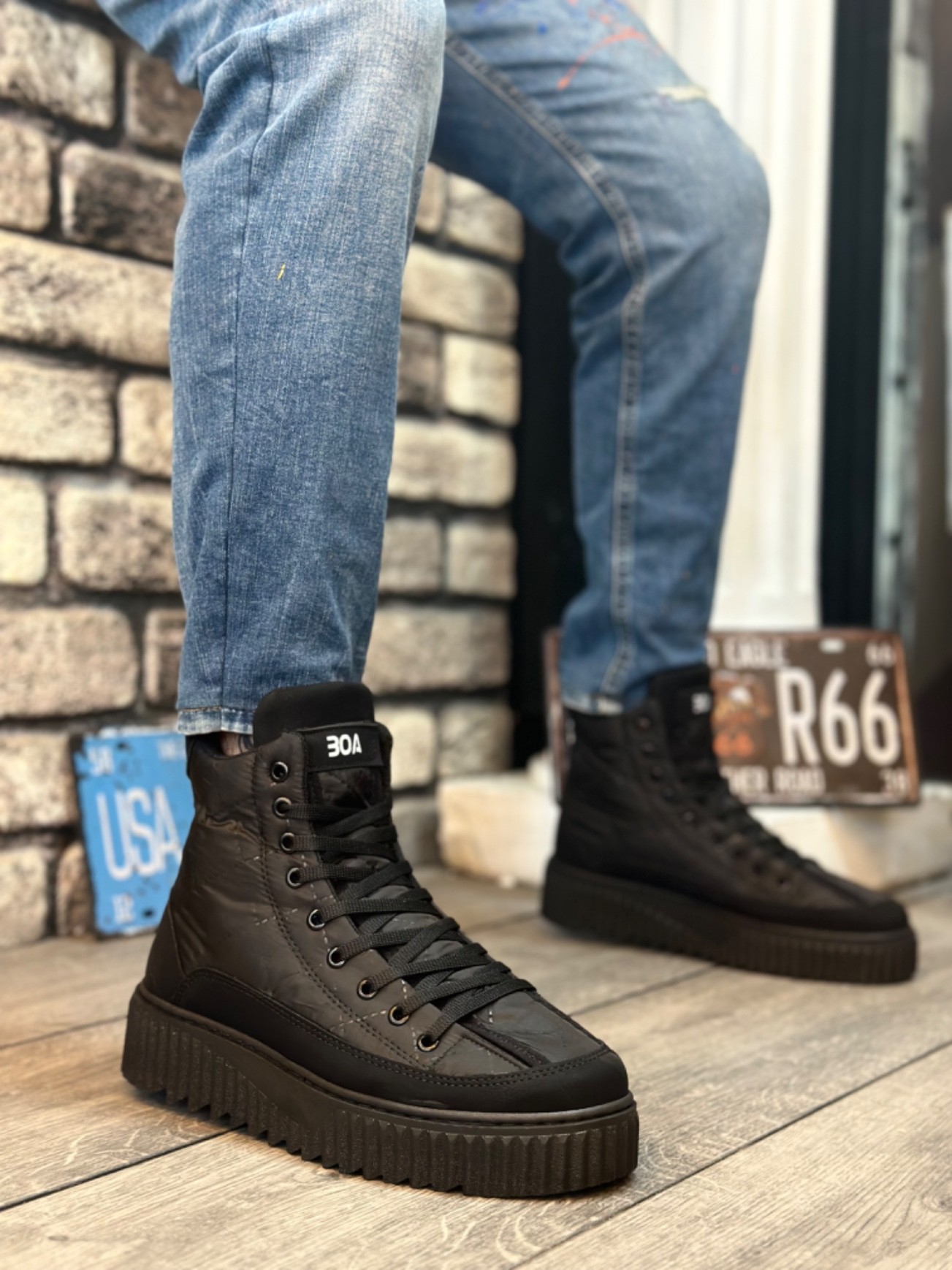 BA0811 Yüksek Siyah Taban Siyah Paraşüt Kumaş Cilt Detaylı Yarım Bilek Spor Bot