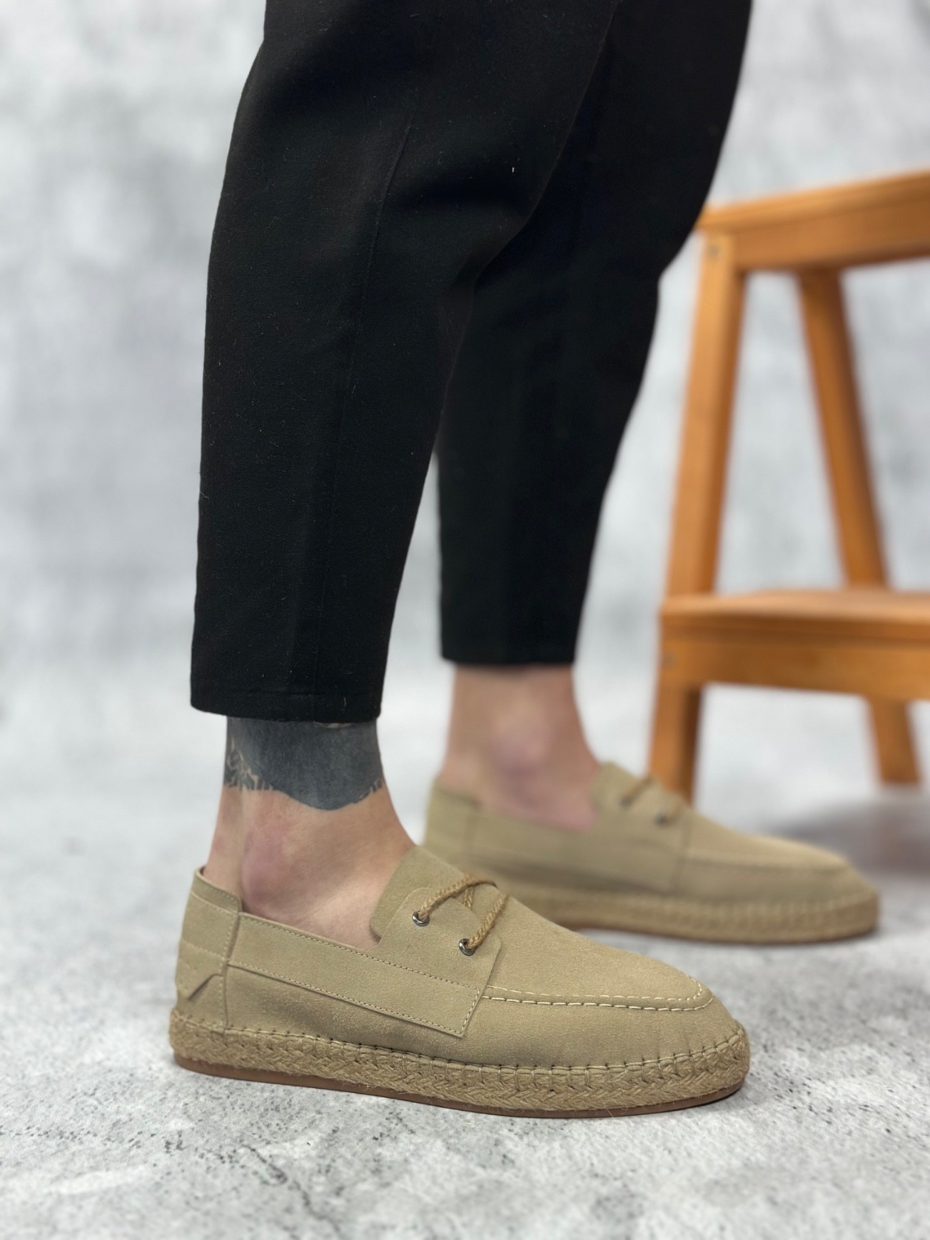 BA0358 Doğal Deri Tozu Bağcıklı Kauçuk El Yapımı Espadril Taban Bej Renk Erkek Ayakkabı
