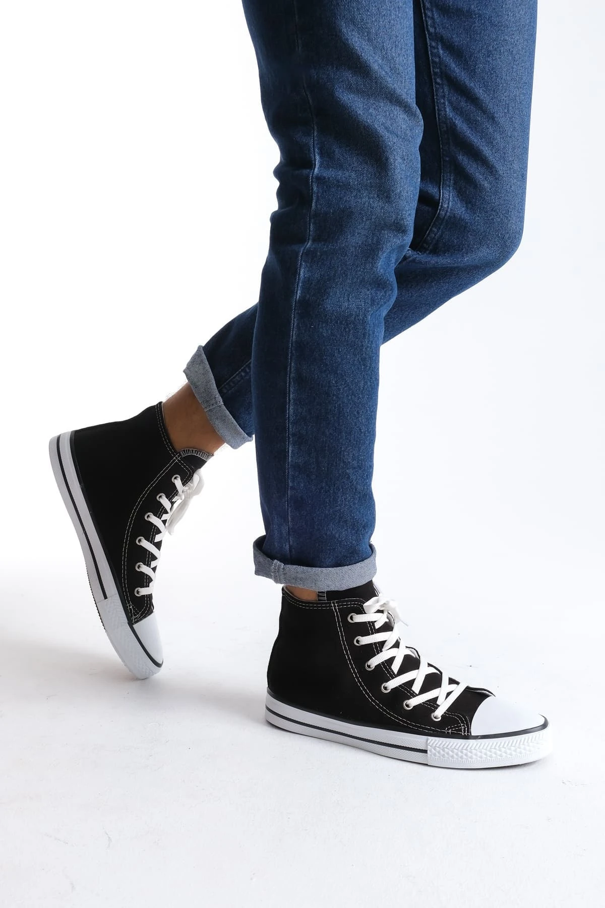 JY0423 AXE Bağcıklı Keten Kumaş Erkek Günlük Sneaker Ayakkabı KBT - Beyaz - Siyah