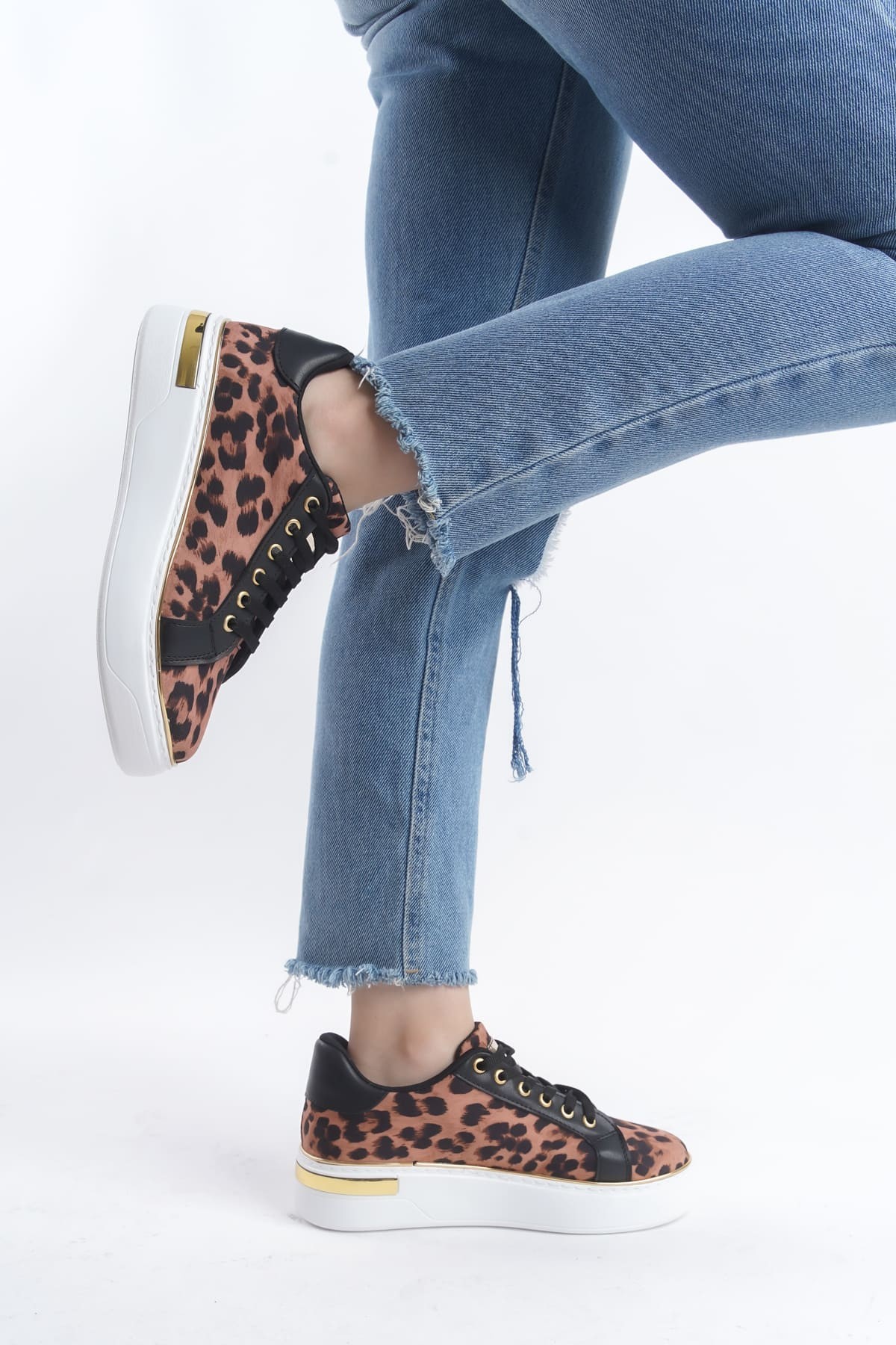 MINA Bağcıklı Ortopedik Taban Leopar Desenli Kadın Sneaker Spor Ayakkabı BT - Kahverengi