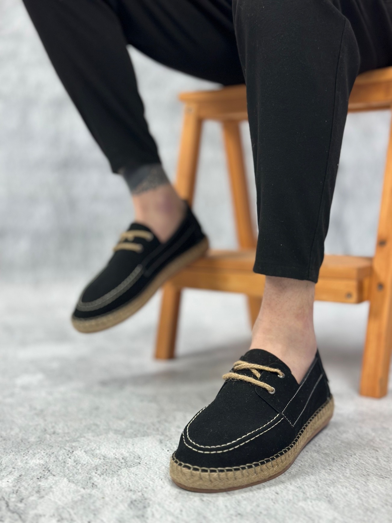 BA0358 Doğal Deri Tozu Bağcıklı Kauçuk El Yapımı Espadril Taban Siyah Renk Erkek Ayakkabı