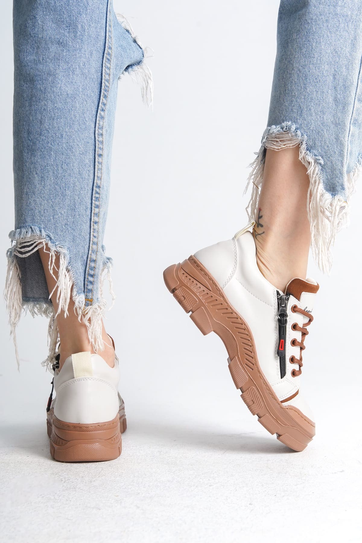 AGATHA Bağcıklı Fermuarlı Ortopedik Taban Kadın Sneaker Spor Ayakkabı  TT - Krem