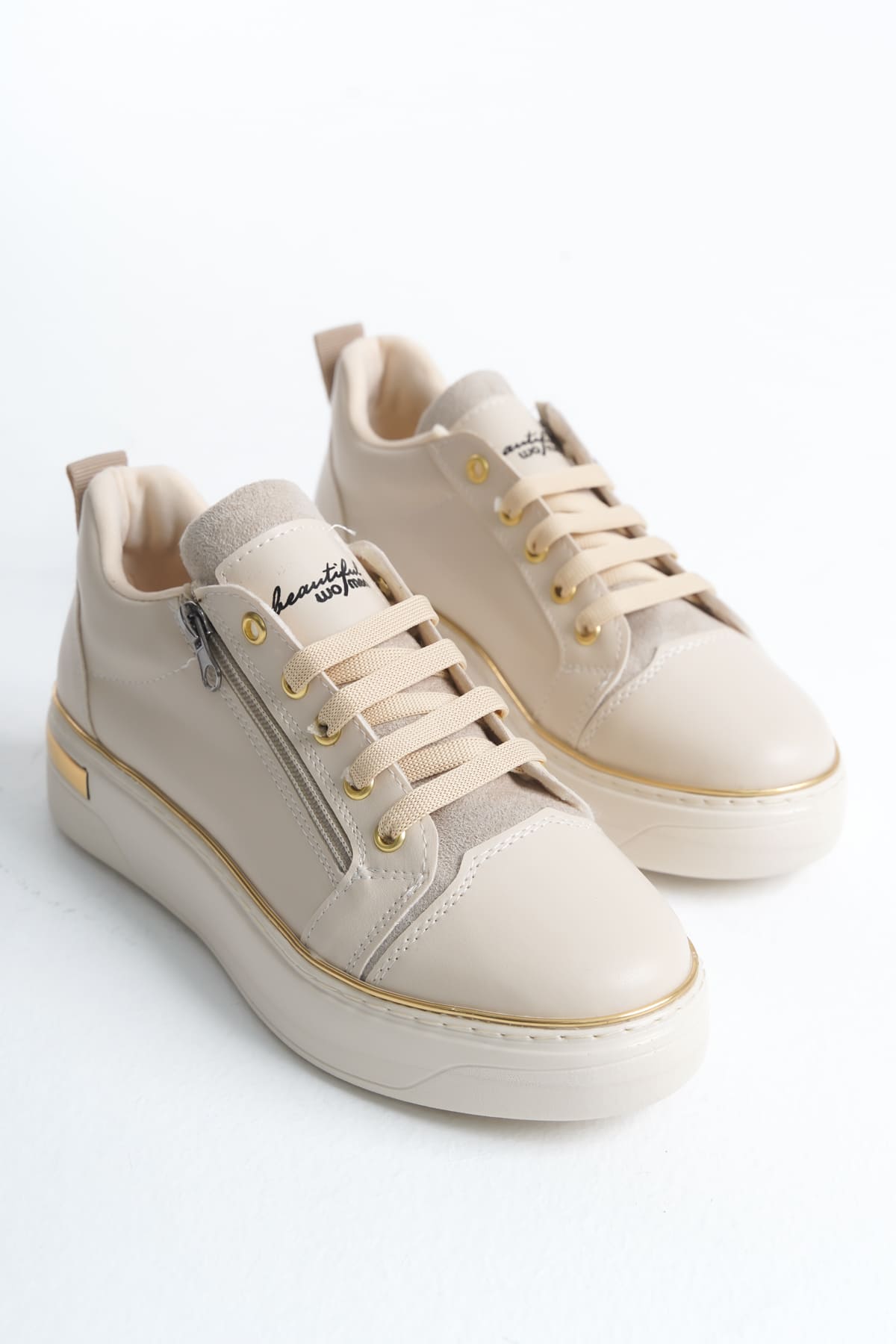 DINA Bağcıklı Fermuarlı Ortopedik Taban Kadın Sneaker Spor Ayakkabı KT - Krem/Altın