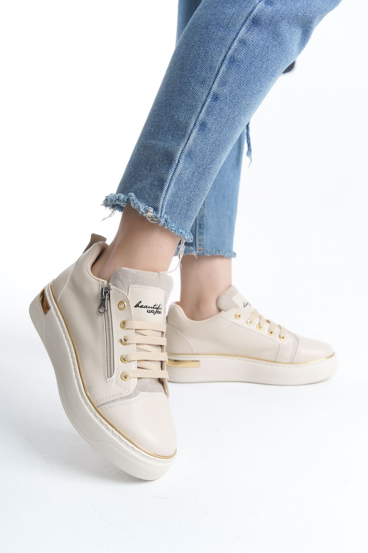 DINA Bağcıklı Fermuarlı Ortopedik Taban Kadın Sneaker Spor Ayakkabı KT - Krem/Altın