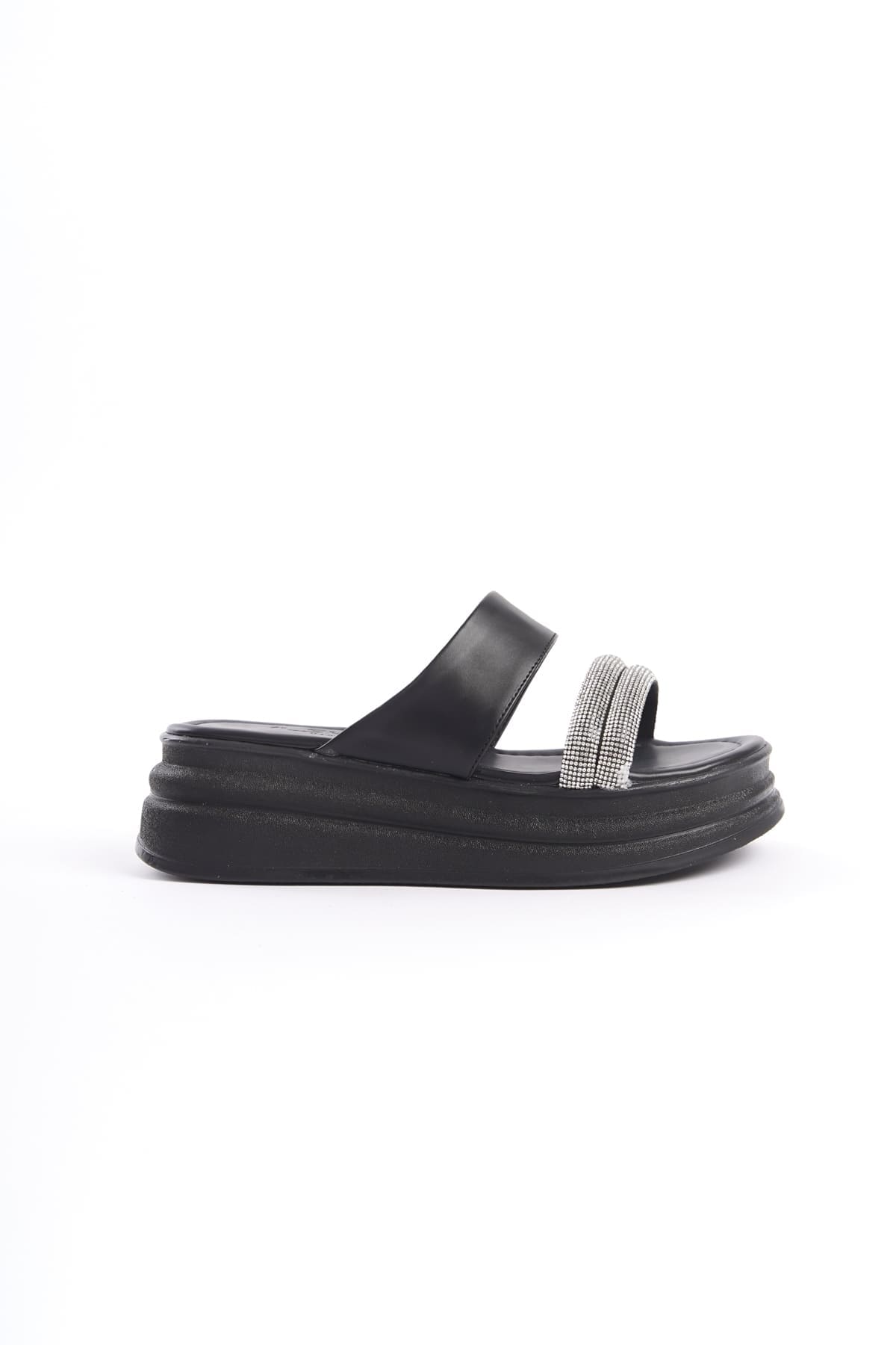 SARAH Düz Topuklu Taşlı Şeritli Kalın Ve Ortopedik Taban Kadın Terlik ST - Siyah