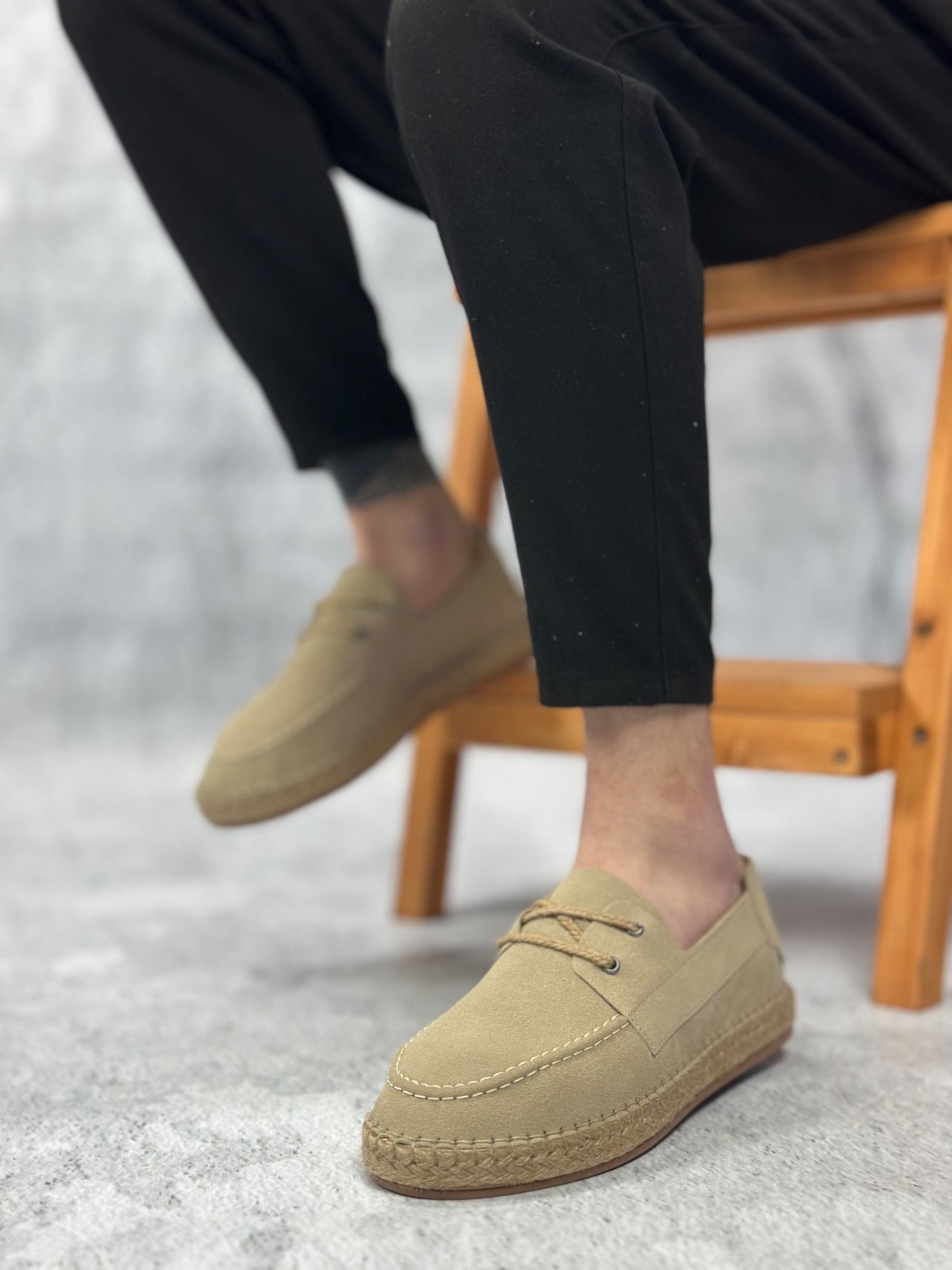BA0358 Doğal Deri Tozu Bağcıklı Kauçuk El Yapımı Espadril Taban Bej Renk Erkek Ayakkabı