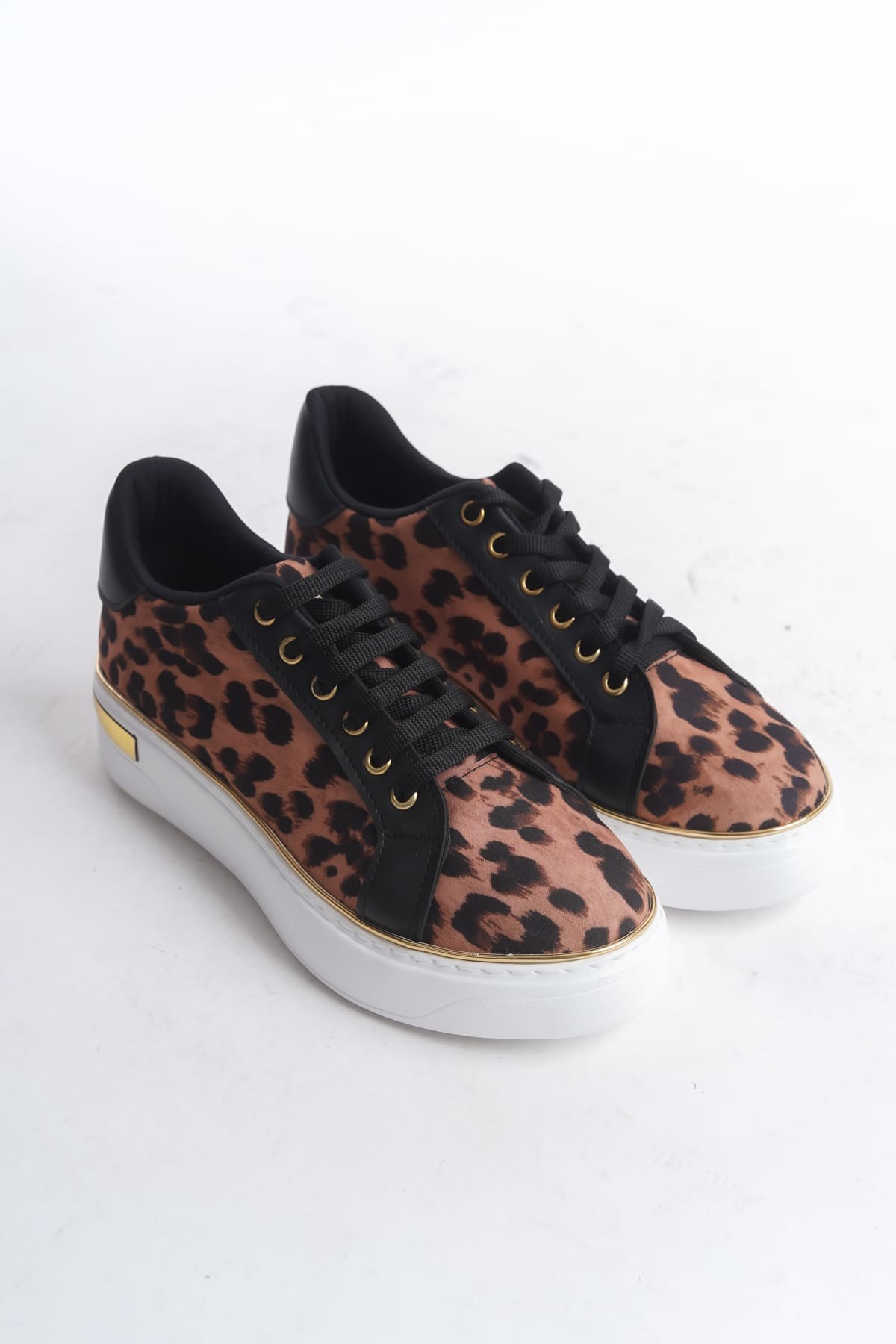MINA Bağcıklı Ortopedik Taban Leopar Desenli Kadın Sneaker Spor Ayakkabı BT - Kahverengi