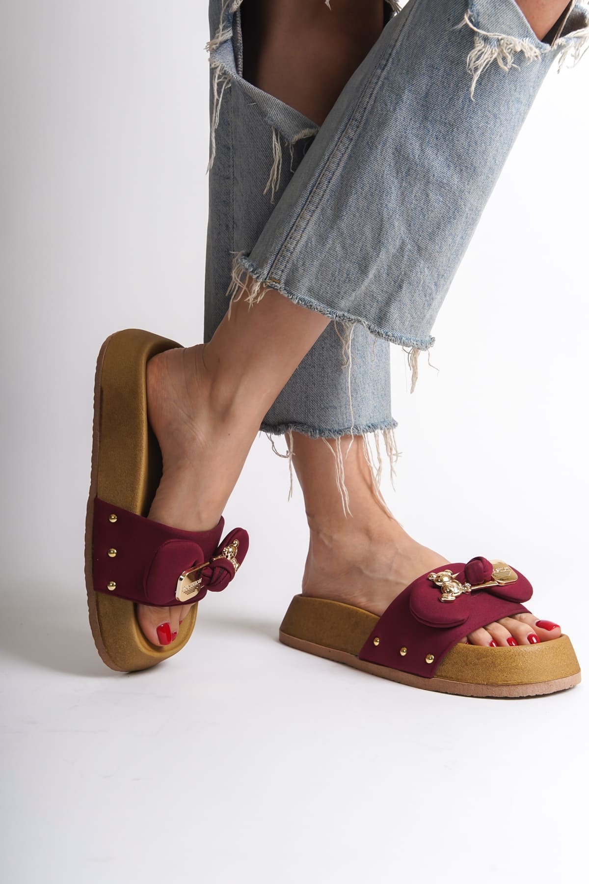 DILA Kalın Ve Ortopedik Taban Ayıcıklı Saten Kadın Terlik KT - Bordo