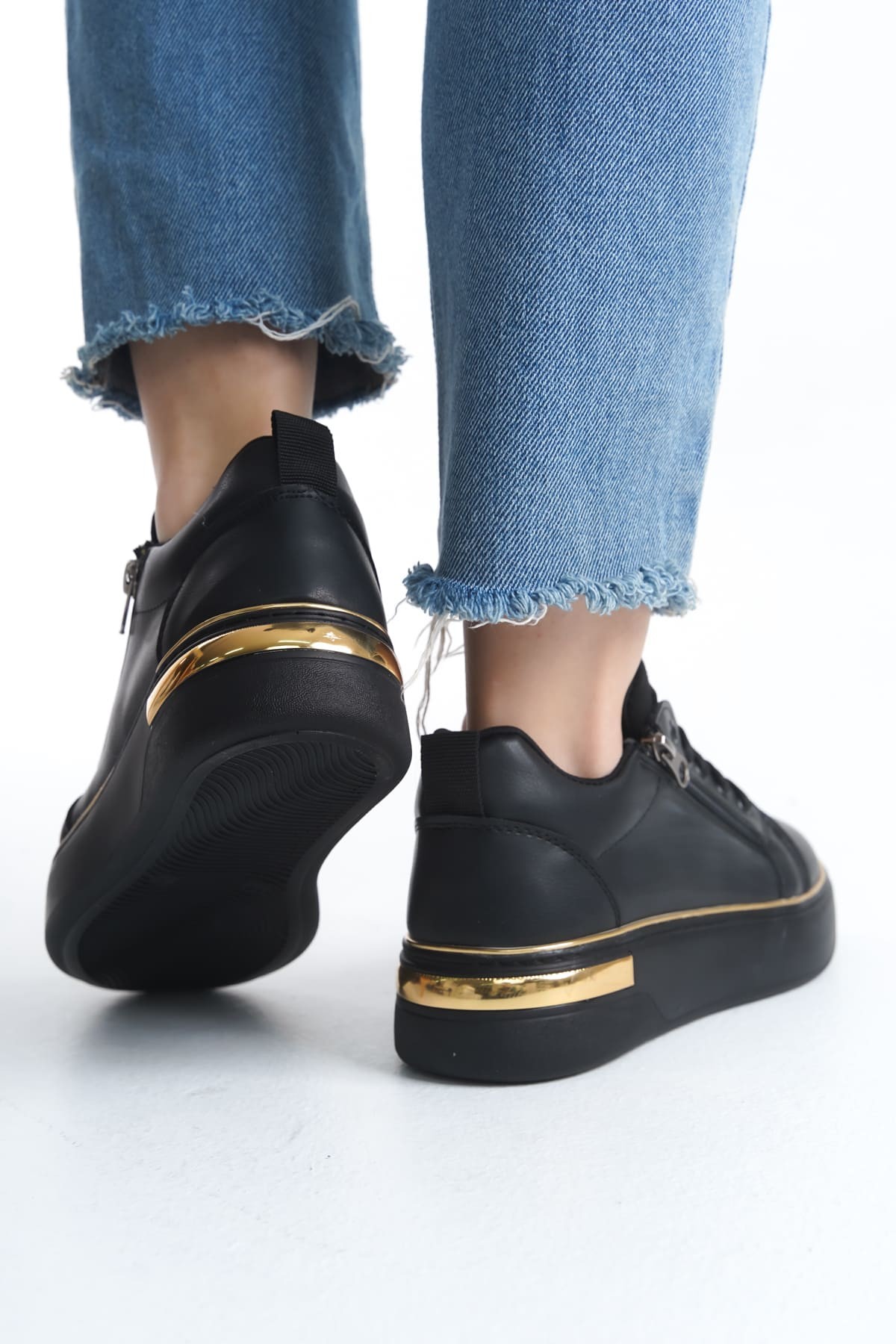 DINA Bağcıklı Fermuarlı Ortopedik Taban Kadın Sneaker Spor Ayakkabı ST - Siyah/Altın