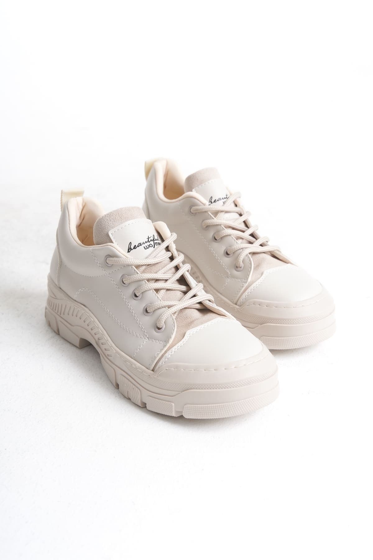 JANE Bağcıklı Ortopedik Taban Kadın Sneaker Spor Ayakkabı KT - Krem