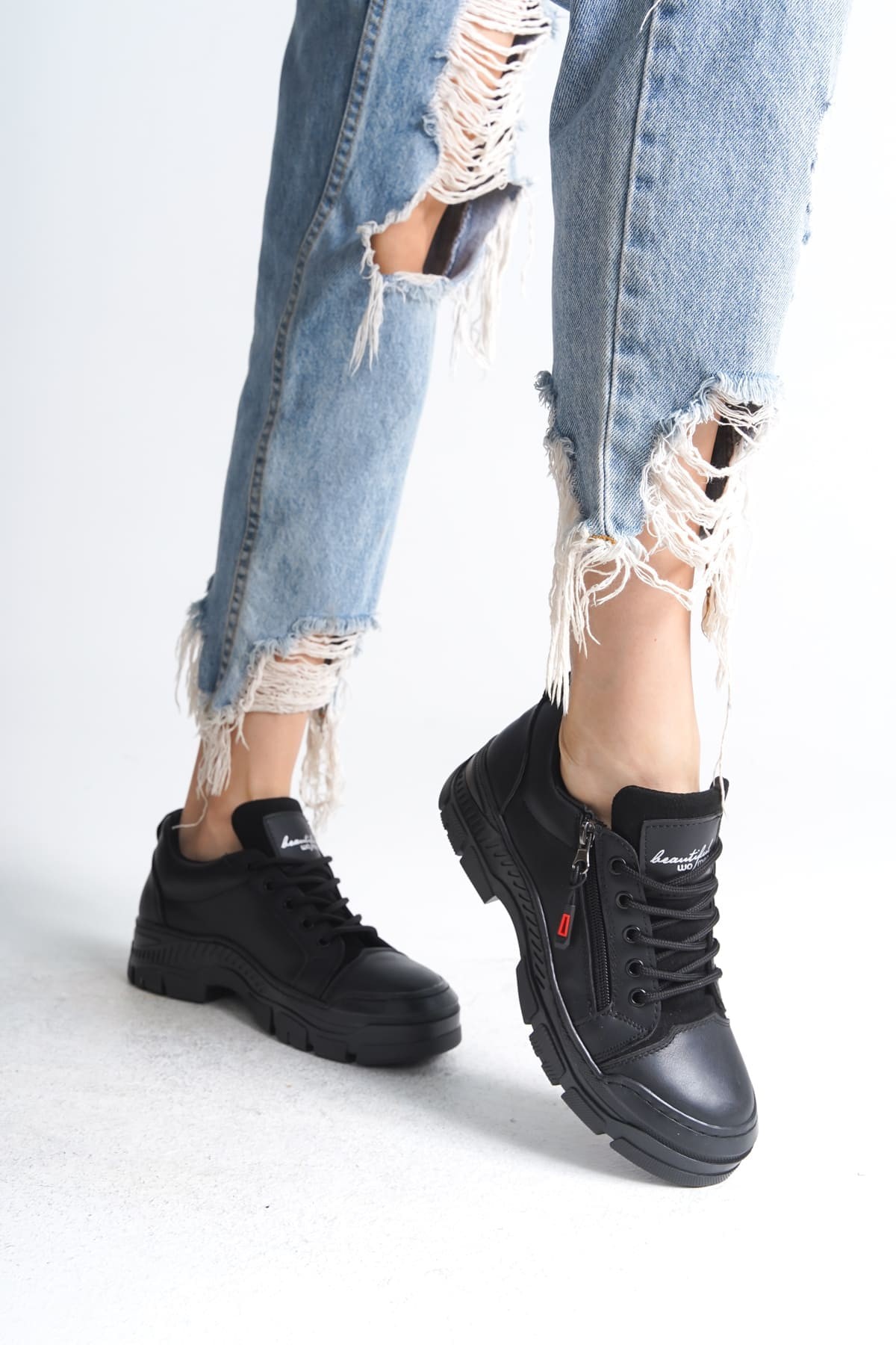 AGATHA Bağcıklı Fermuarlı Ortopedik Taban Kadın Sneaker Spor Ayakkabı ST - Siyah