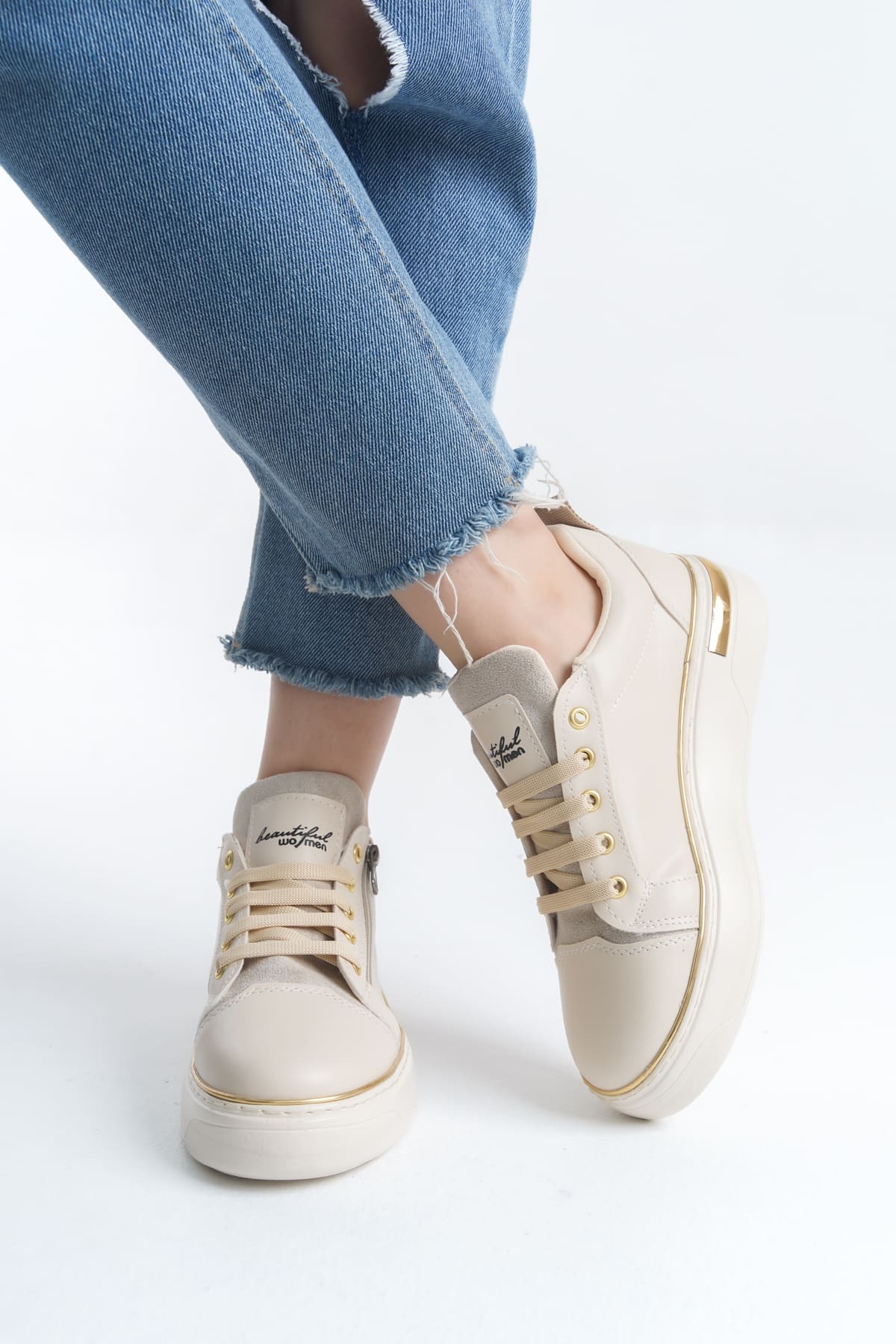 DINA Bağcıklı Fermuarlı Ortopedik Taban Kadın Sneaker Spor Ayakkabı KT - Krem/Altın