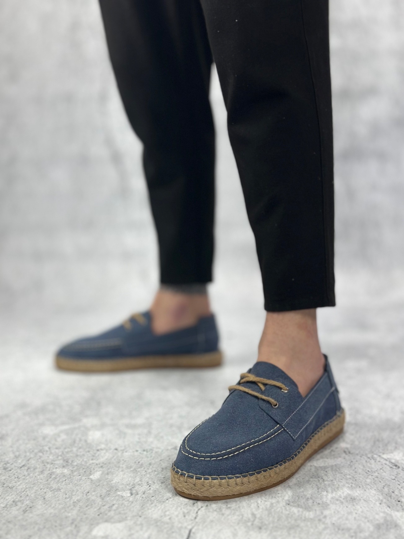 BA0358 Doğal Deri Tozu Bağcıklı Kauçuk El Yapımı Espadril Taban Mavi Renk Erkek Ayakkabı