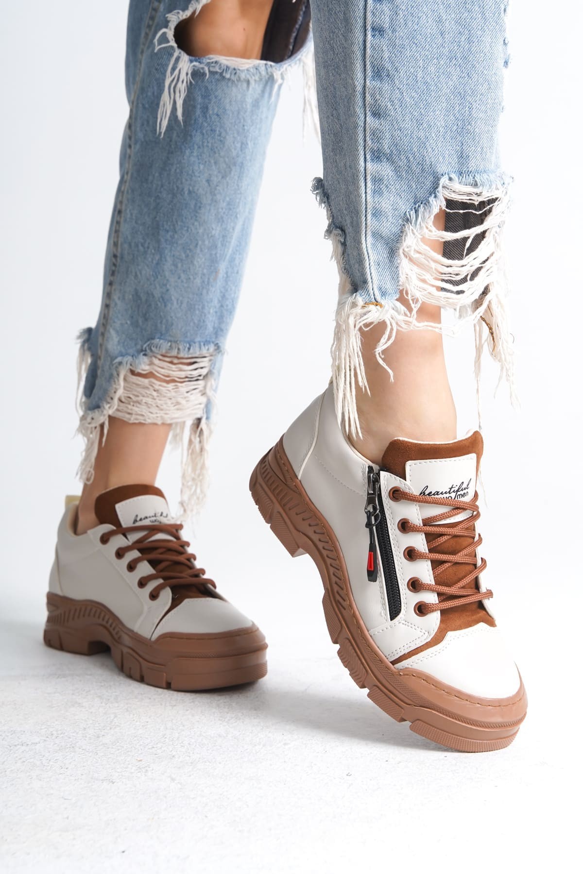 AGATHA Bağcıklı Fermuarlı Ortopedik Taban Kadın Sneaker Spor Ayakkabı  TT - Krem