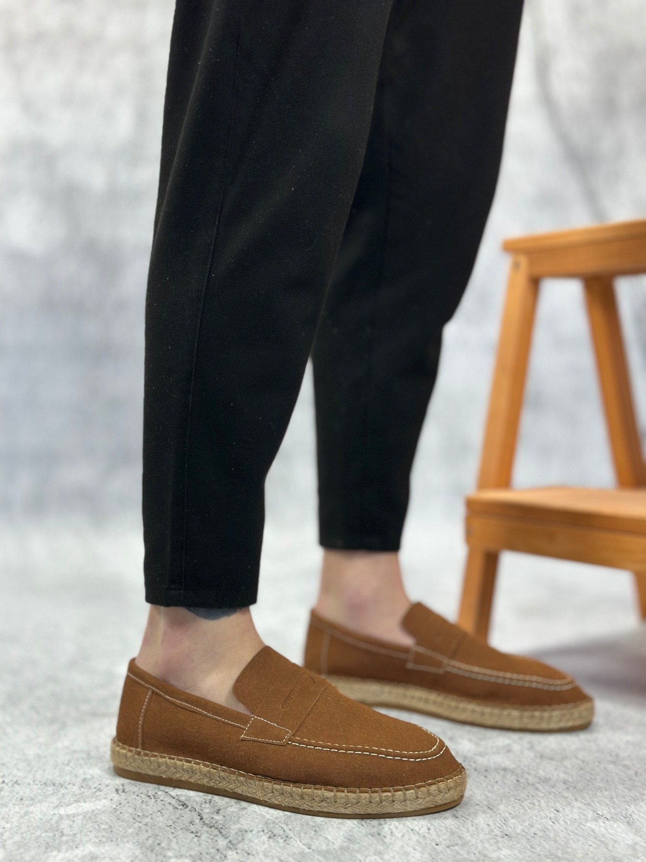 BA0359 Doğal Deri Tozu Bağcıksız Kauçuk El Yapımı Espadril Taban Taba Renk Erkek Ayakkabı
