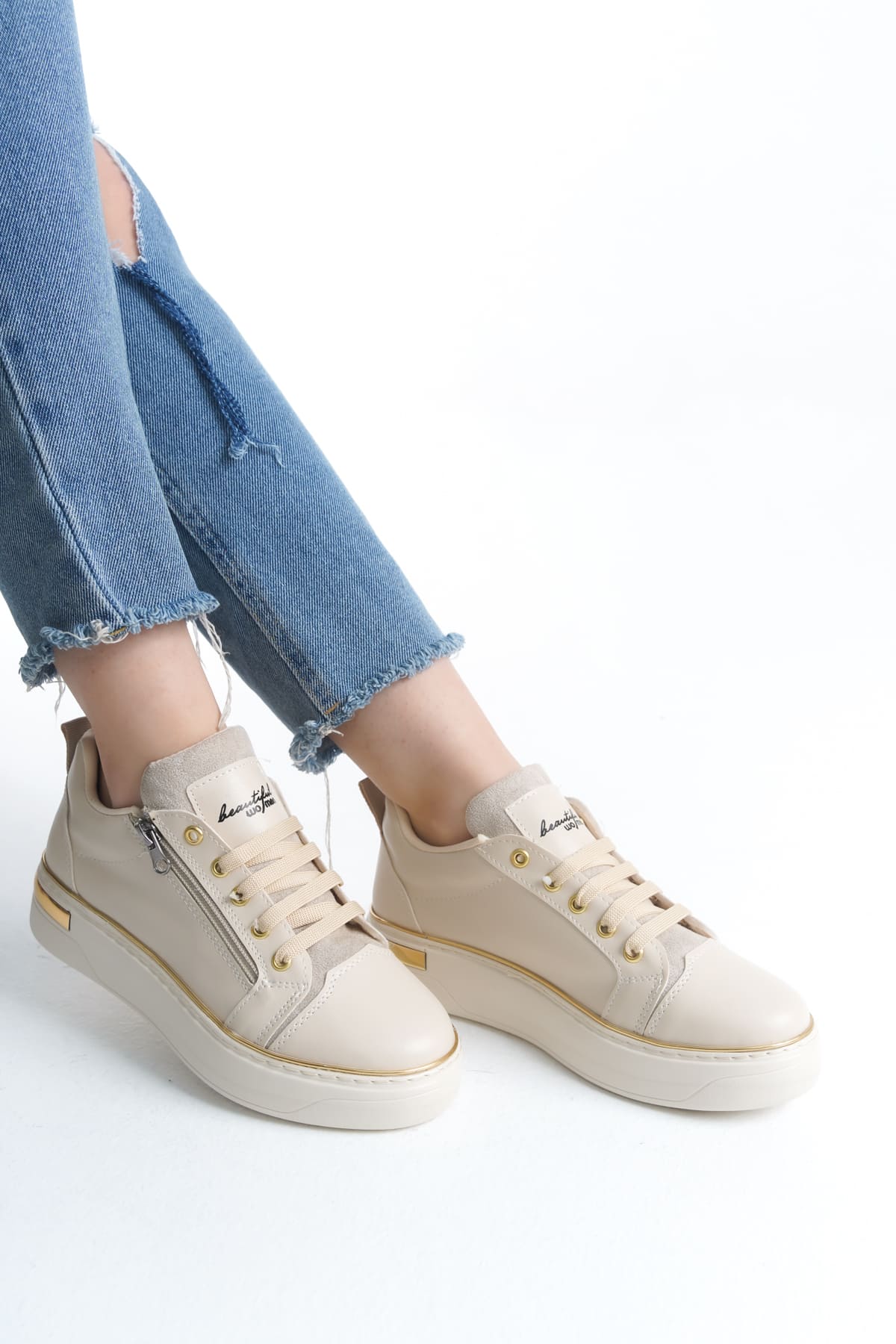 DINA Bağcıklı Fermuarlı Ortopedik Taban Kadın Sneaker Spor Ayakkabı KT - Krem/Altın