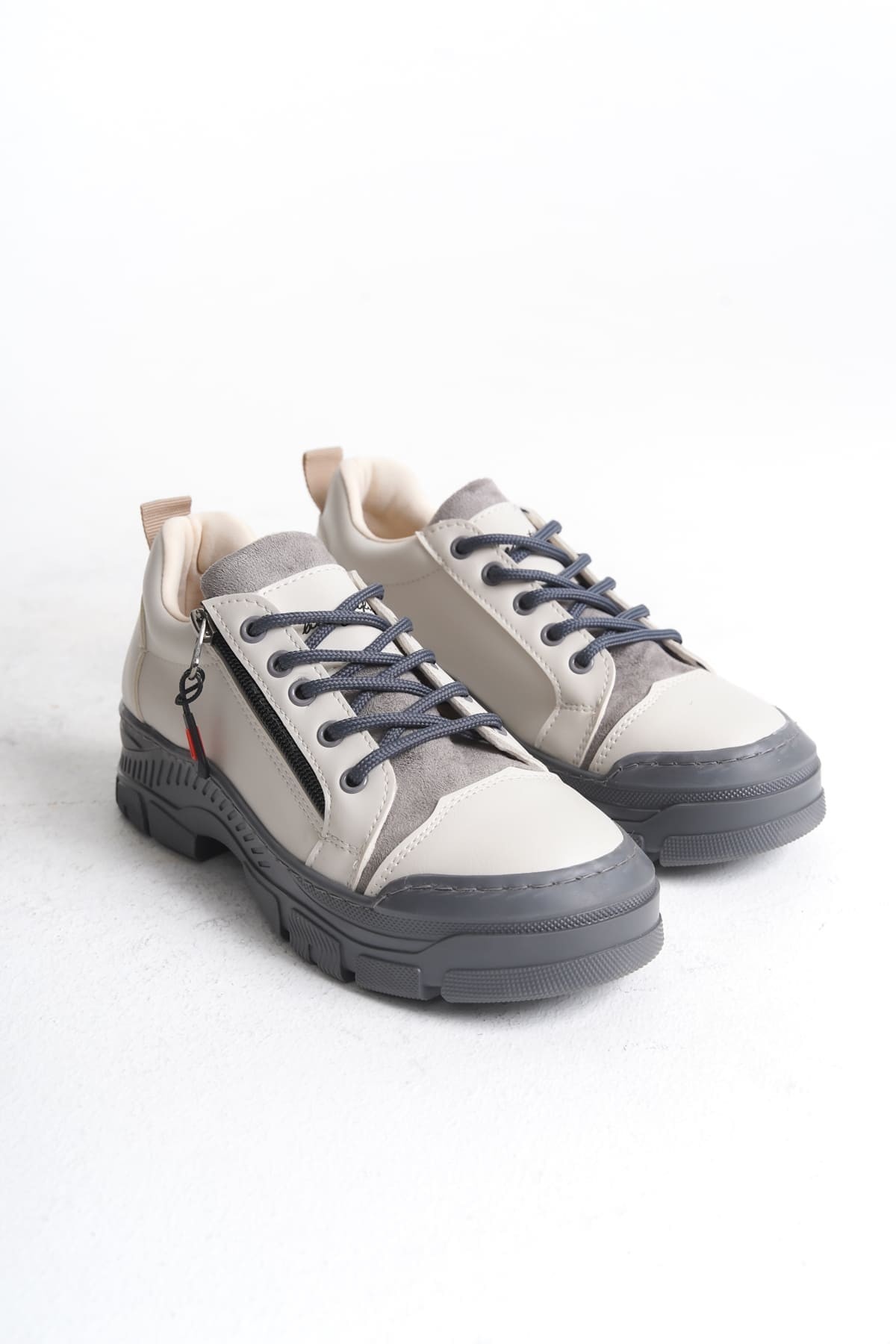 AGATHA Bağcıklı Fermuarlı Ortopedik Taban Kadın Sneaker Spor Ayakkabı GT - Krem