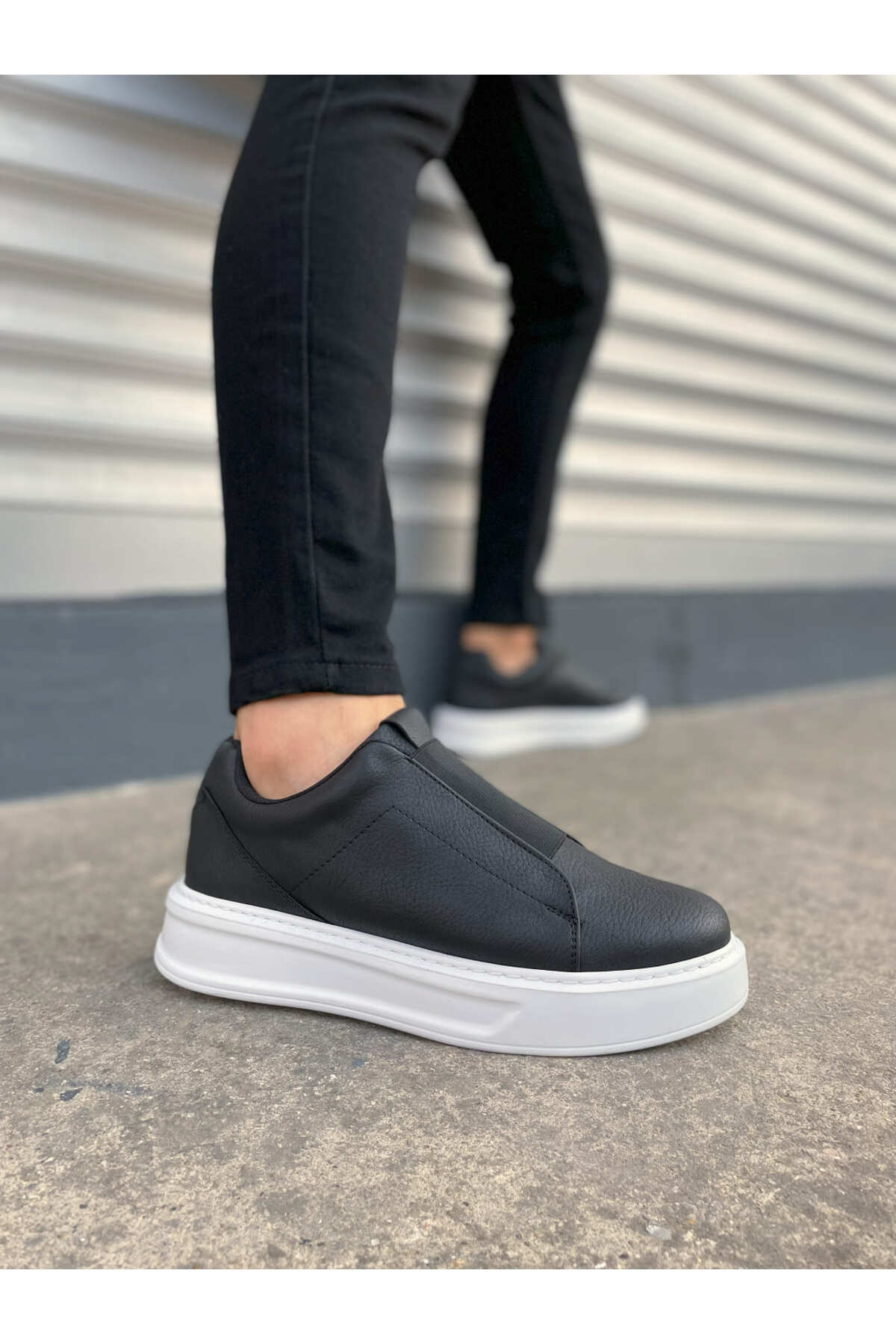 JY007 Alba Bağcıksız Cilt Erkek Günlük Sneaker Ayakkabı CBT Beyaz - siyah-cilt-cbt