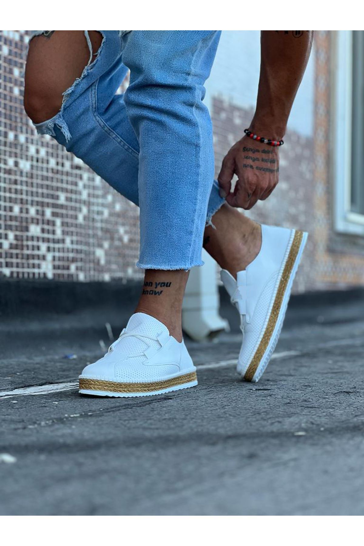 YG015 Erkek Günlük Bağcıklı Hasır Taban Cilt Klasik Ayakkabı CHT - Beyaz