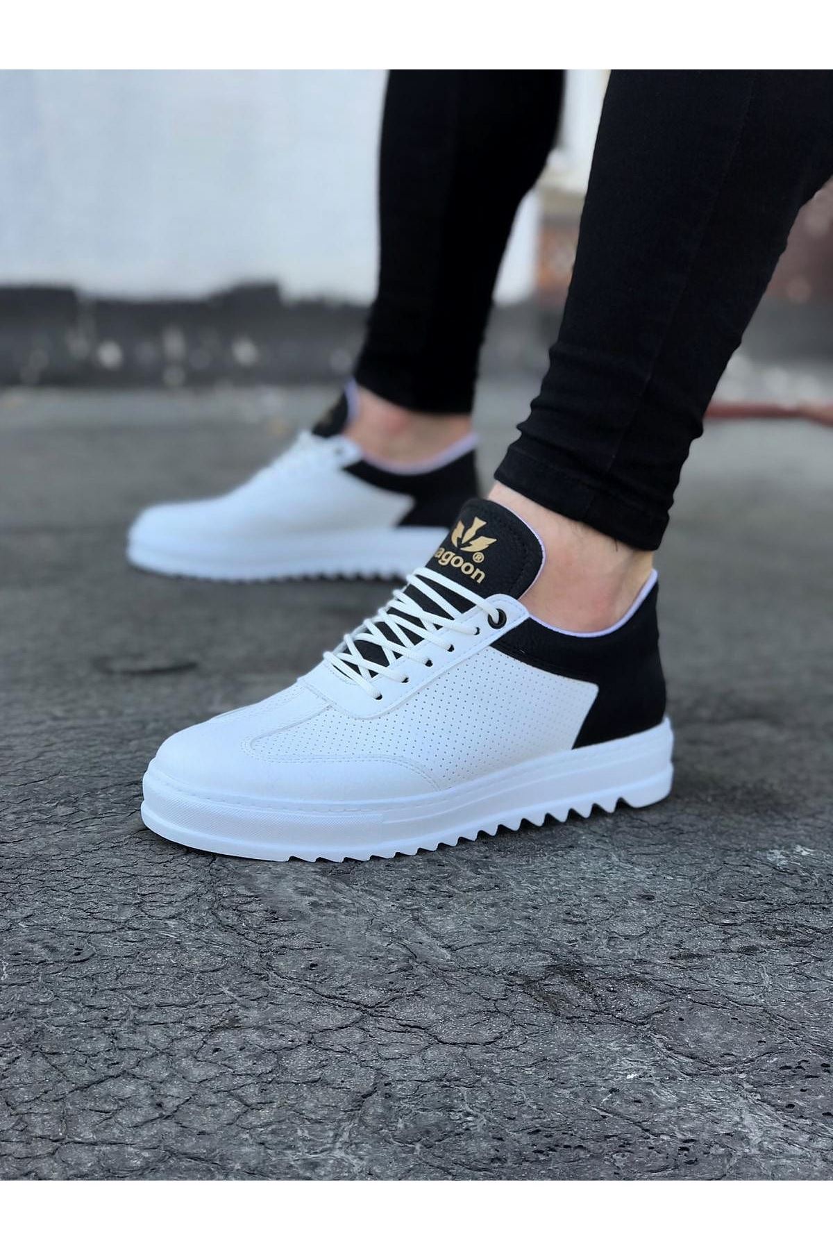 YG022 Erkek Günlük Bağcıklı Delikli Desen Cilt Spor Sneaker Ayakkabı CBT - Beyaz - beyaz-siyah-cilt-cbt