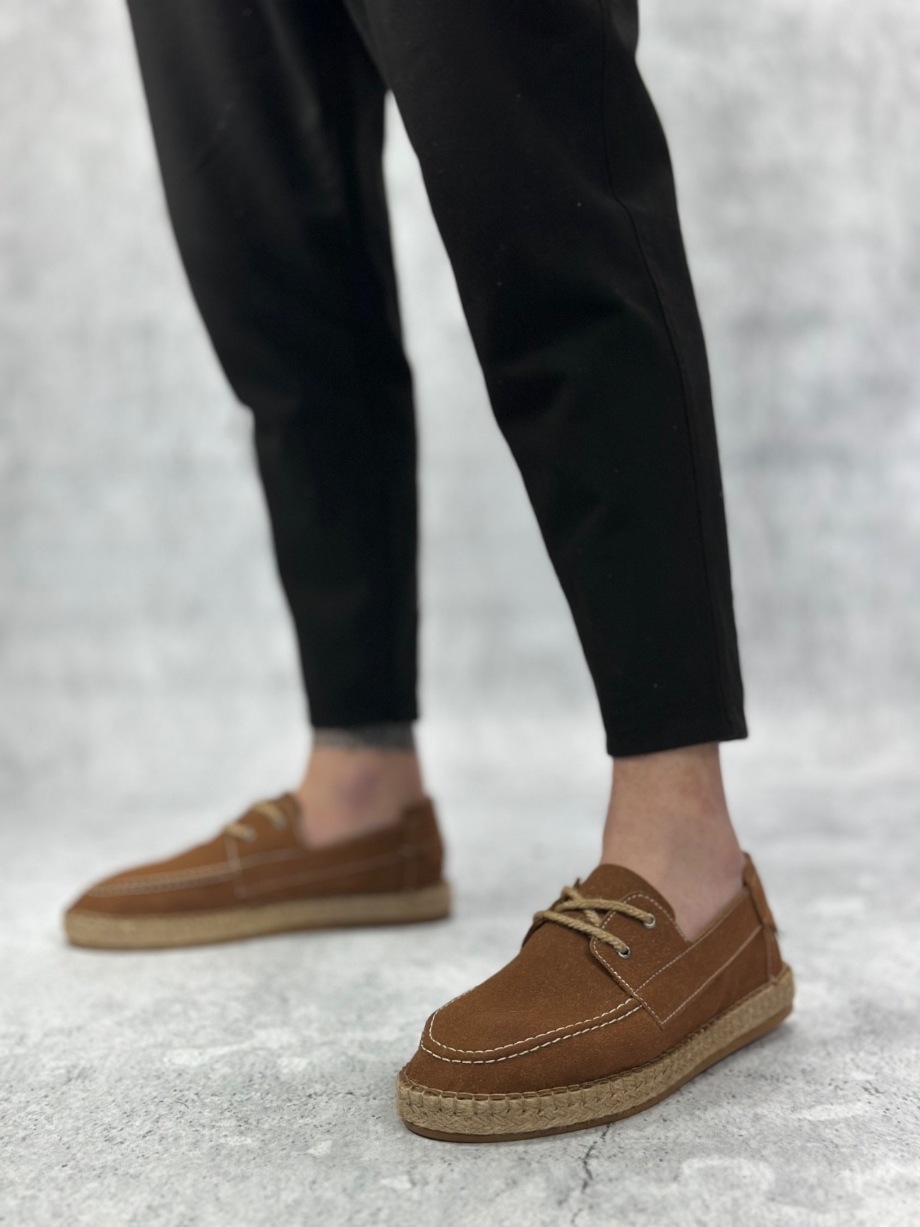 BA0358 Doğal Deri Tozu Bağcıklı Kauçuk El Yapımı Espadril Taban Taba Renk Erkek Ayakkabı