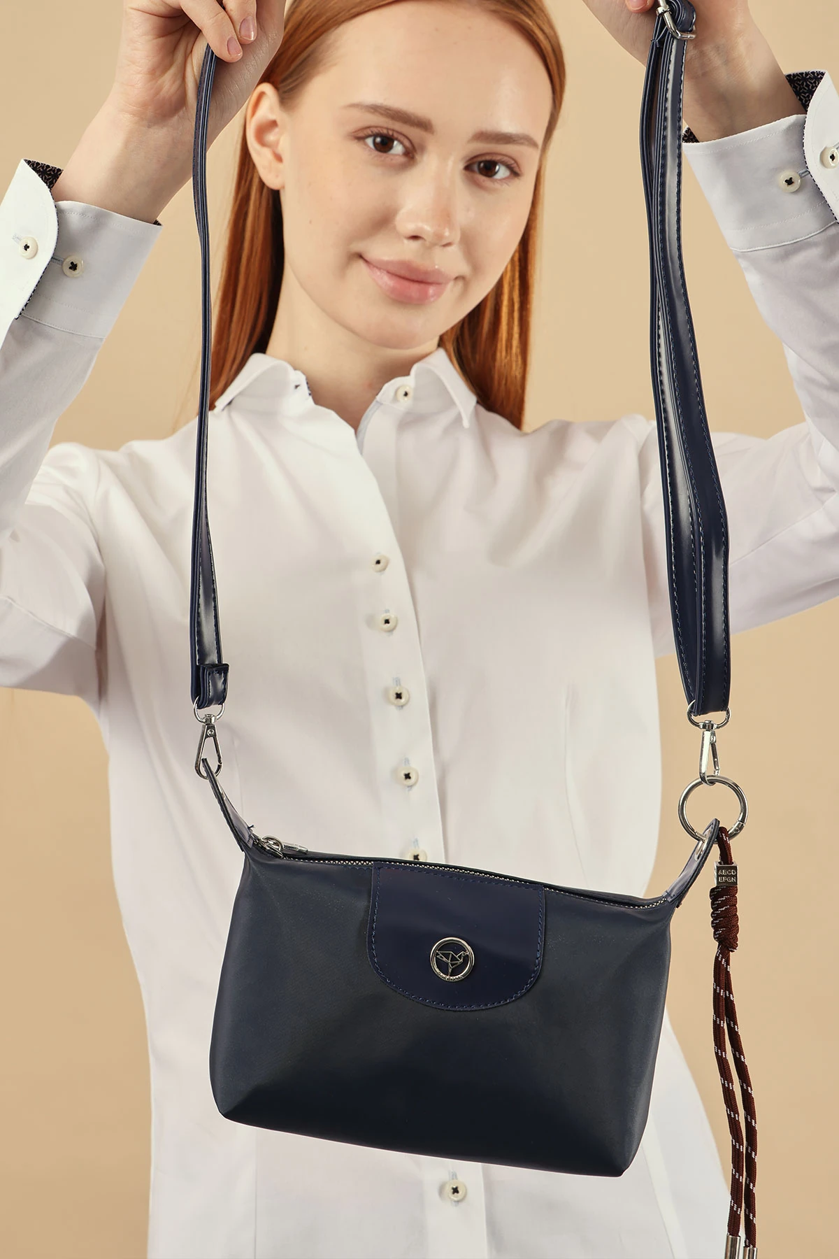 Garbalia Helenas İp Charmlı Omuz Askılı Fermuarlı Kadın Omuz Çantası - Lacivert