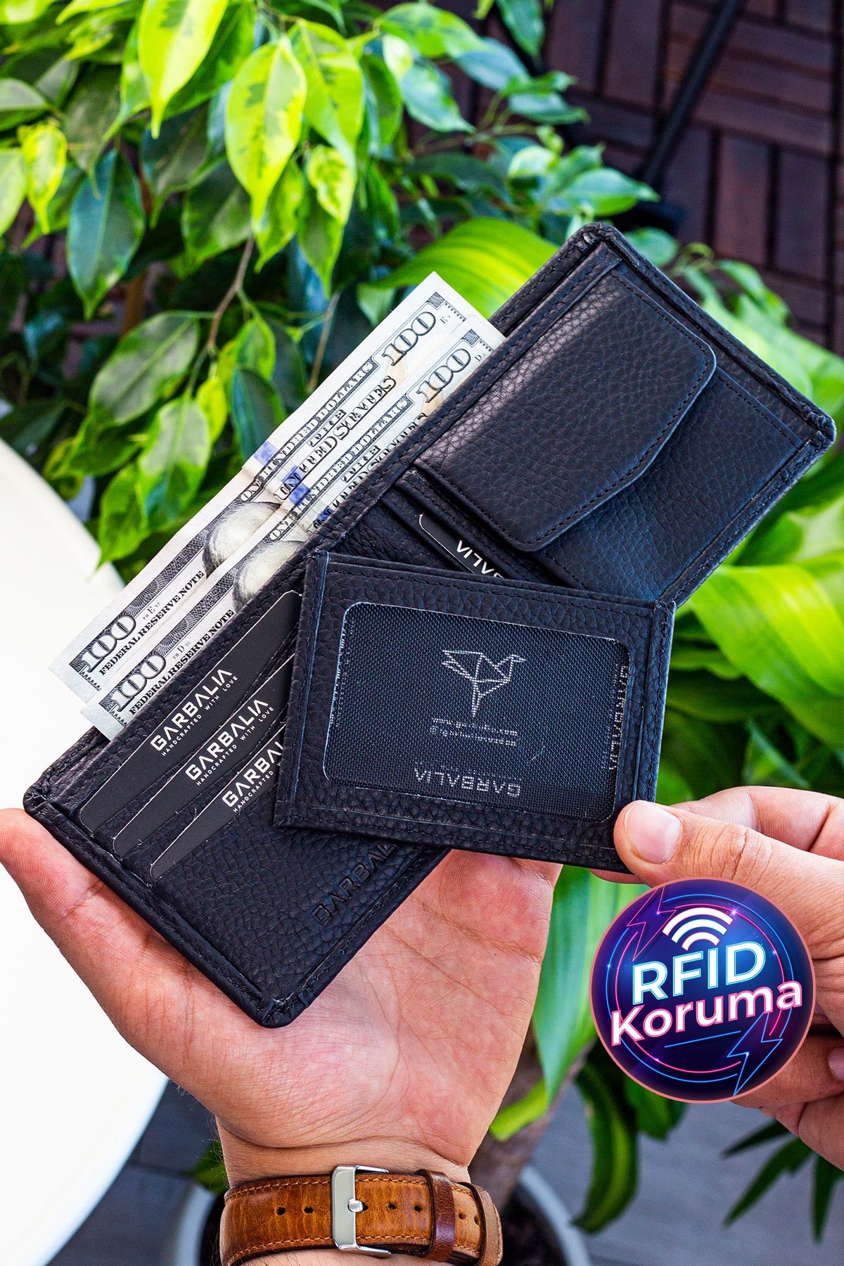 Garbalia Kanguru Hakiki Deri Ekstra Kartlıklı RFID Engelleyici Cüzdan Kartlık - Guti Siyah