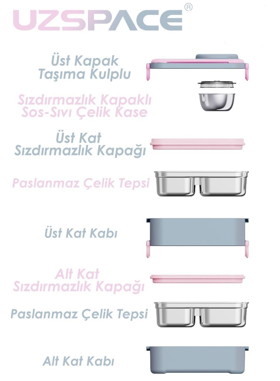 Beslenme Kutusu Paslanmaz Çelik - 1200 ml Sos Kaseli 2 Katlı Çatal Kaşık Hediyeli