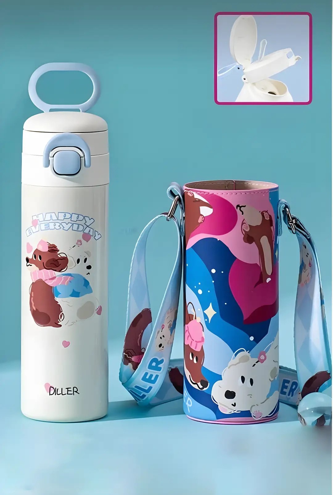Vagonlife Diller Paslanmaz Çelik Su Matarası - 520 ml Kılıflı Tek Kapak Çift Kullanım El ve Omuz Askılı Pipetli / Pipetsiz 