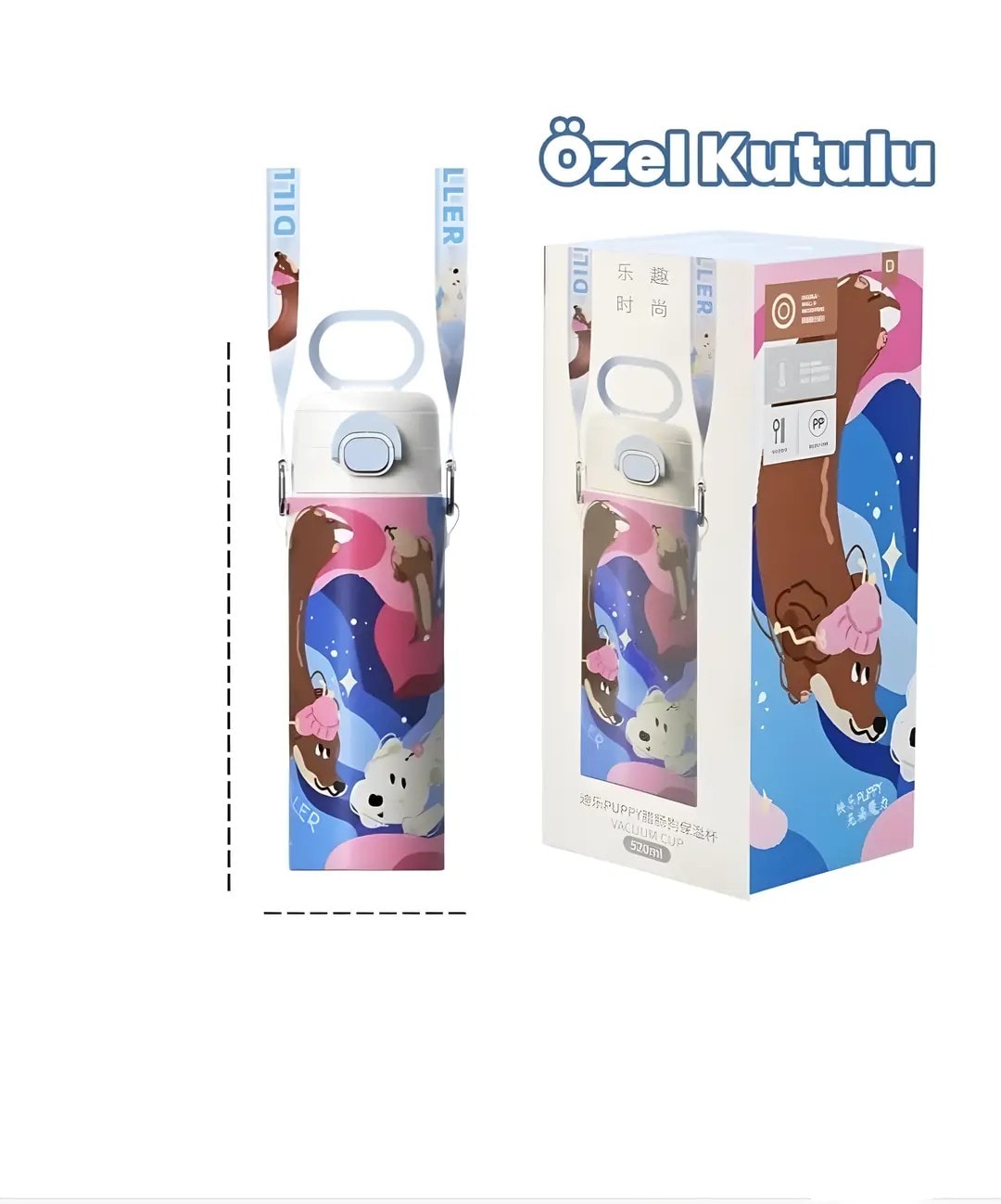 Vagonlife Diller Paslanmaz Çelik Su Matarası - 520 ml Kılıflı Tek Kapak Çift Kullanım El ve Omuz Askılı Pipetli / Pipetsiz 
