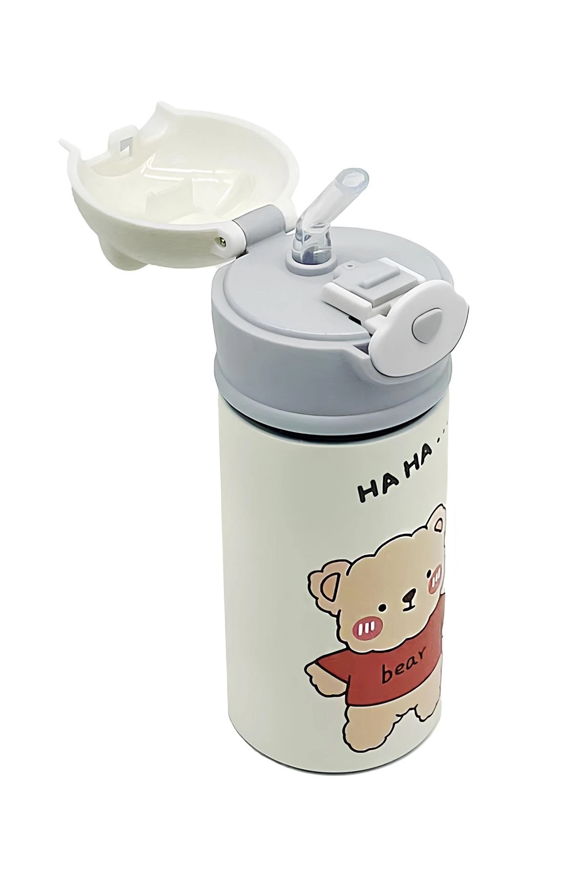 Paslanmaz Çelik Su Matarası - 500 ml - Pipetli Krem Çelik Suluk