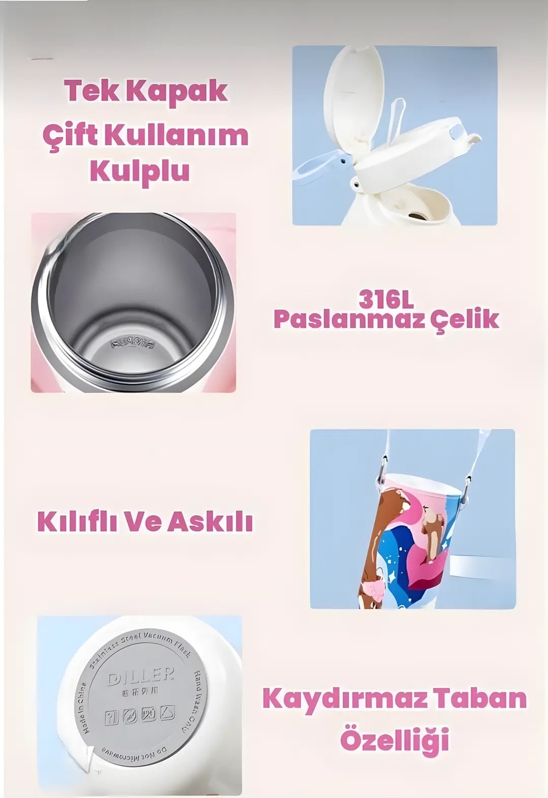 Vagonlife Diller Paslanmaz Çelik Su Matarası - 520 ml Kılıflı Tek Kapak Çift Kullanım El ve Omuz Askılı Pipetli / Pipetsiz 