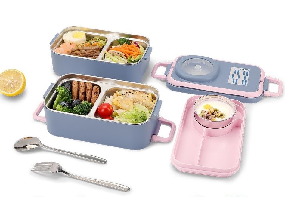 Beslenme Kutusu Paslanmaz Çelik - 1200 ml Sos Kaseli 2 Katlı Çatal Kaşık Hediyeli