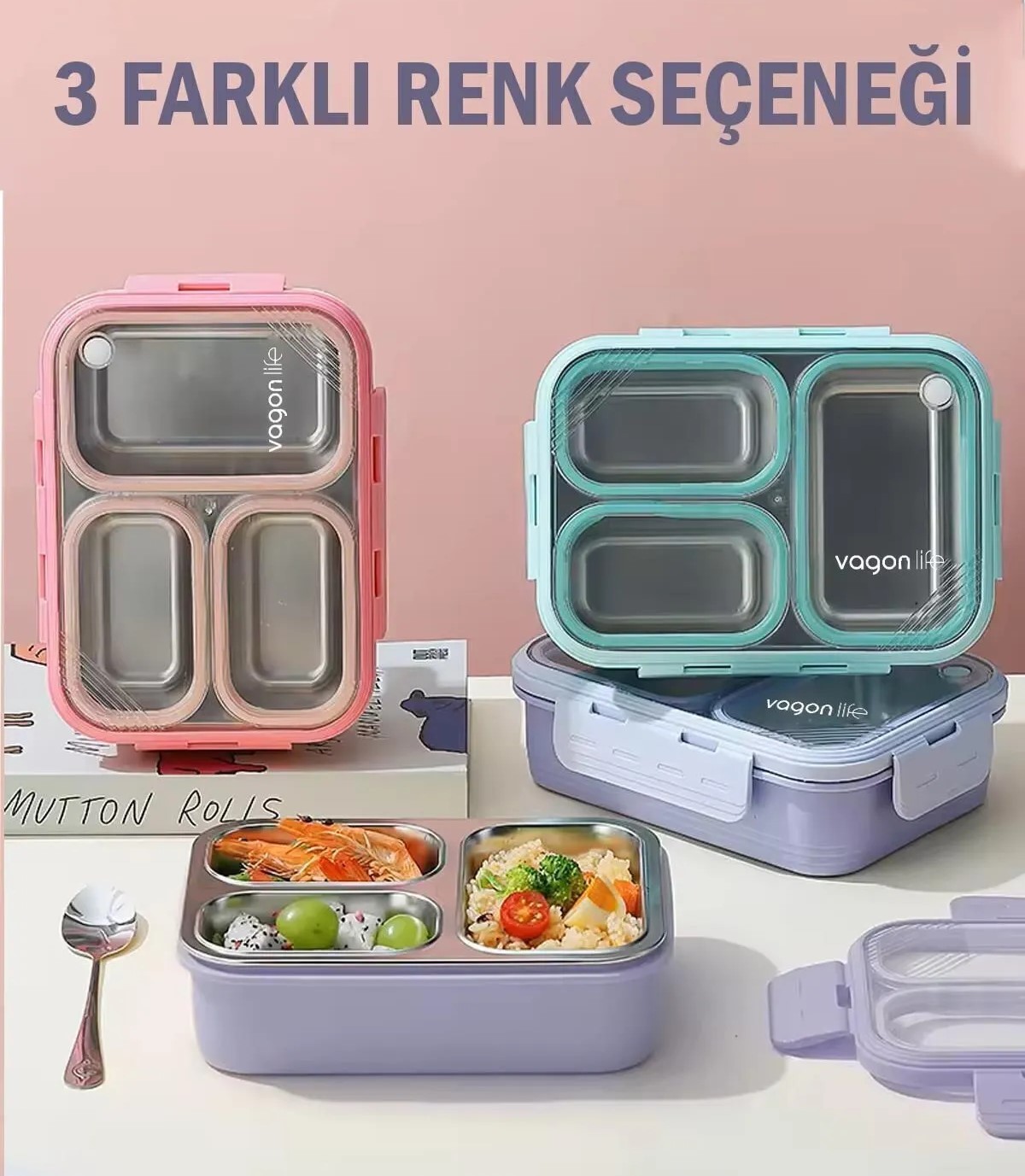 Beslenme Kutusu Tek Katlı Paslanmaz Çelik - 620 ml 3 Bölmeli Yeni Nesil Sefer Tası ( Kaşık Hediyeli )