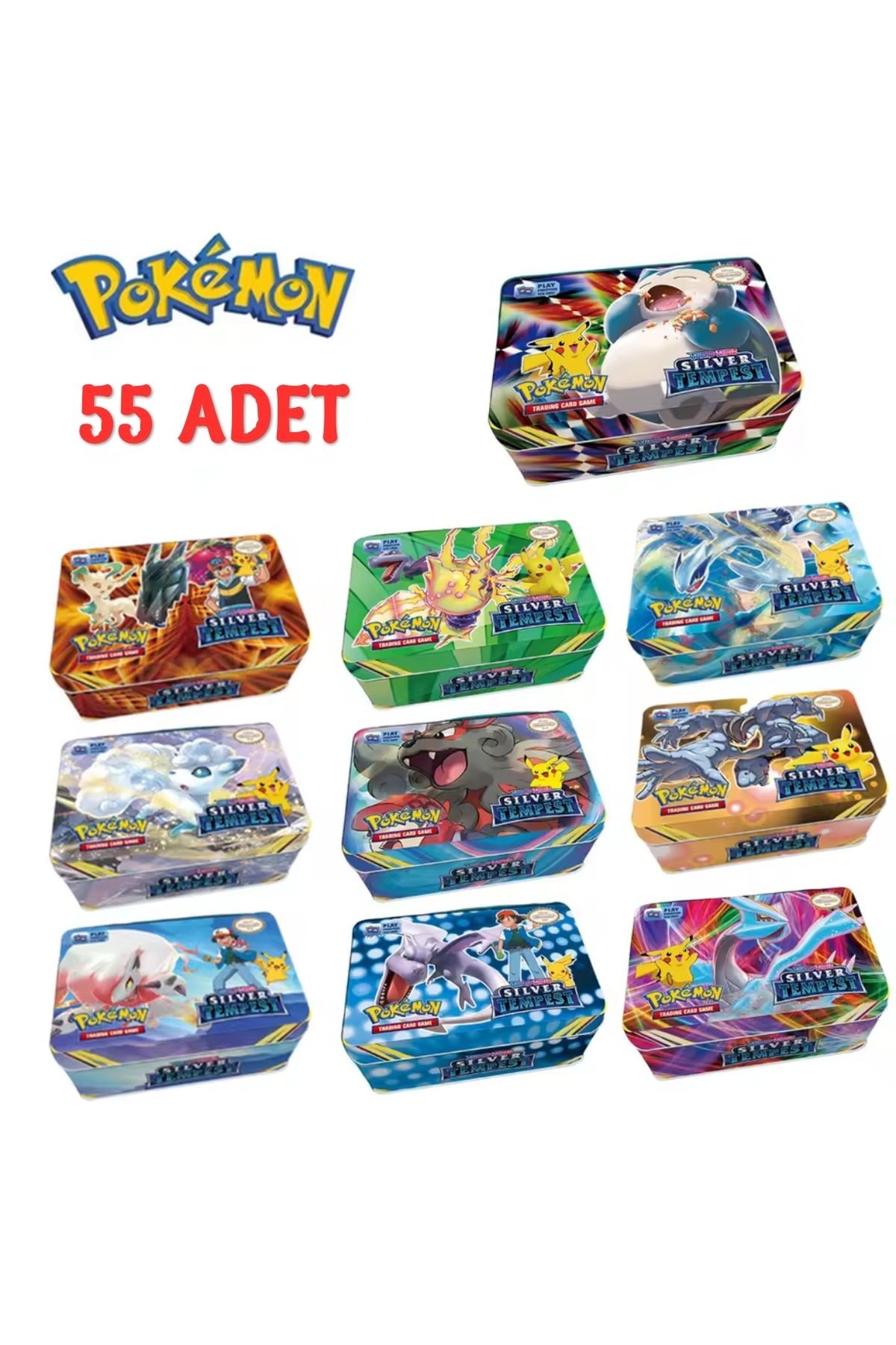Pokemon kart 55 adet silver tempest ve crown zenith metal kutulu pokekart 55 adet