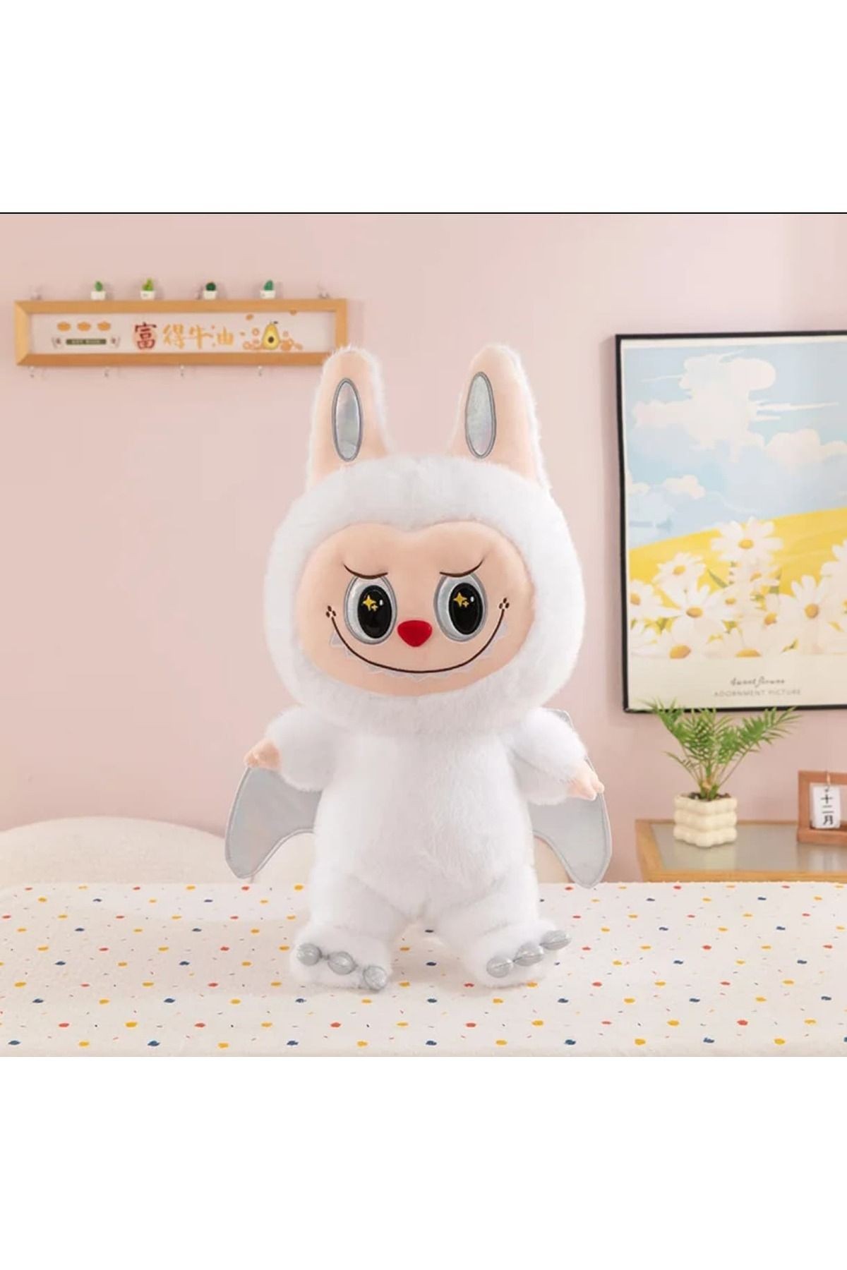 Beyaz dragon labubu peluş oyuncak kanatlı kuyruklu seri labubu peluş oyuncak