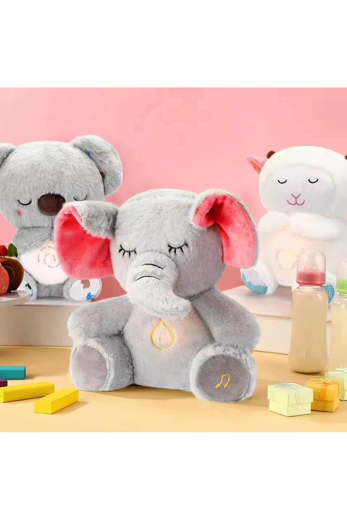 Fil peluş oyuncak nefes alan pilli müzikli ve ışıklı uyku arkadaşı rahatlatıcı peluş