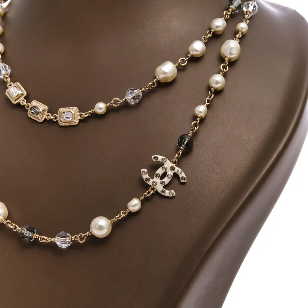 Chanel - Silver Pearl & Grey Crystal CC Logo Long Necklace